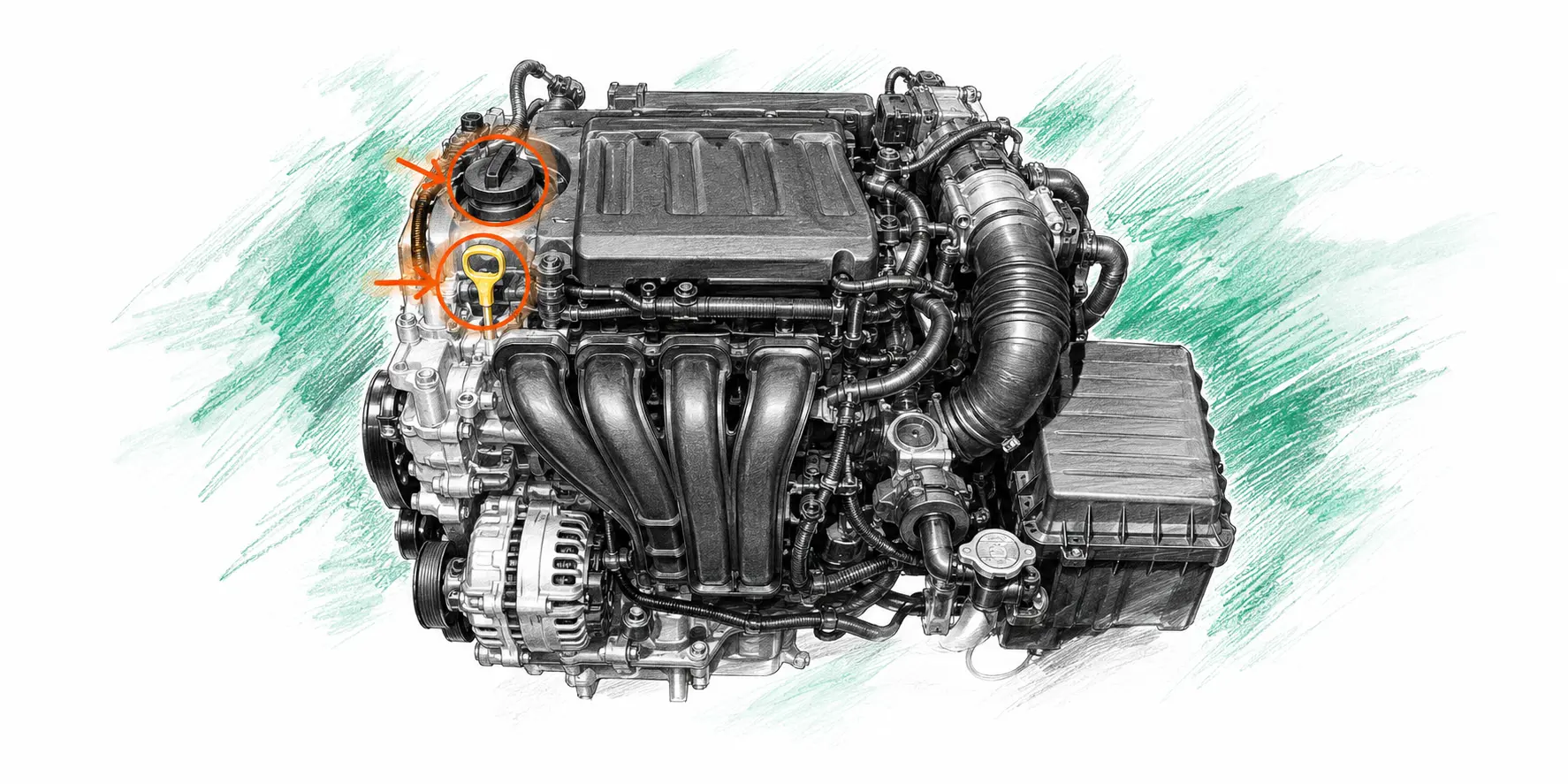 Illustration technique du moteur Kia Picanto 1.0 essence avec jauge et bouchon de remplissage d’huile