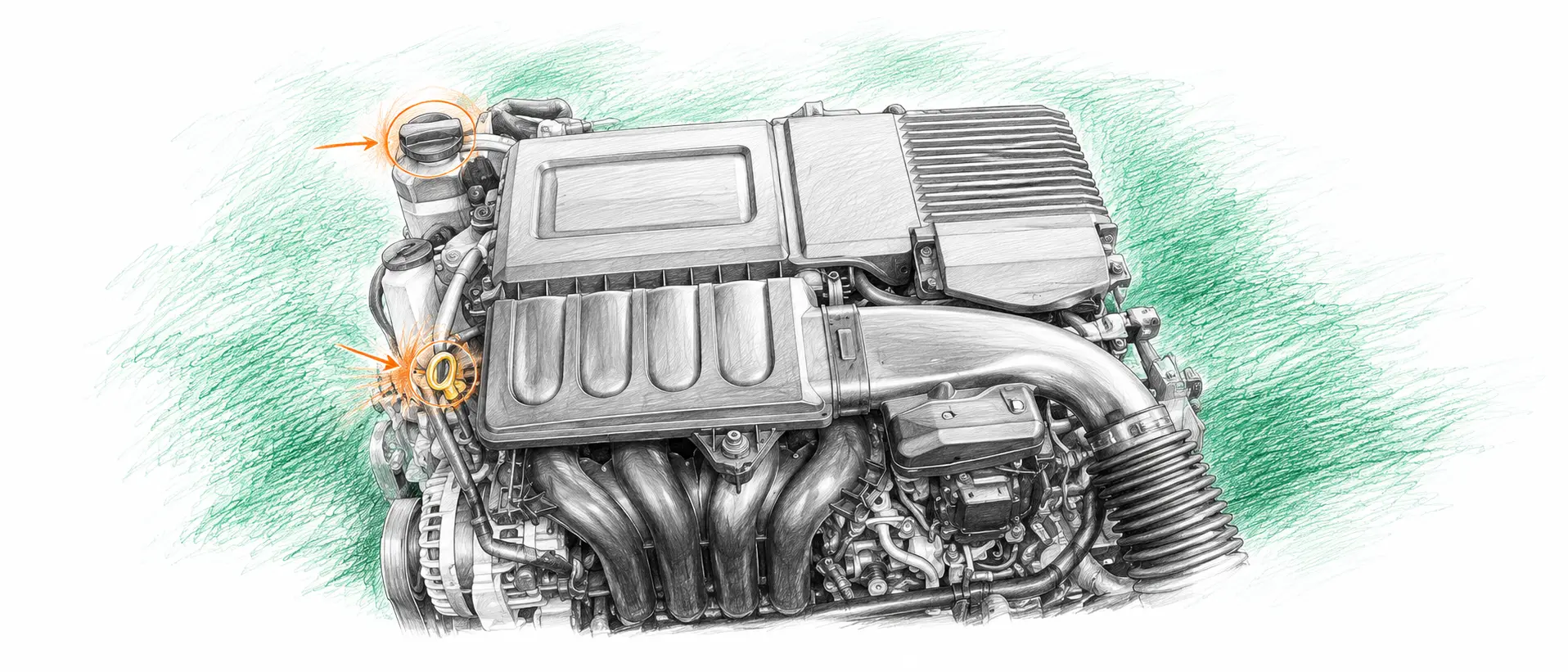 Illustration technique du moteur Mazda 3 1.6 essence avec jauge et bouchon de remplissage d’huile