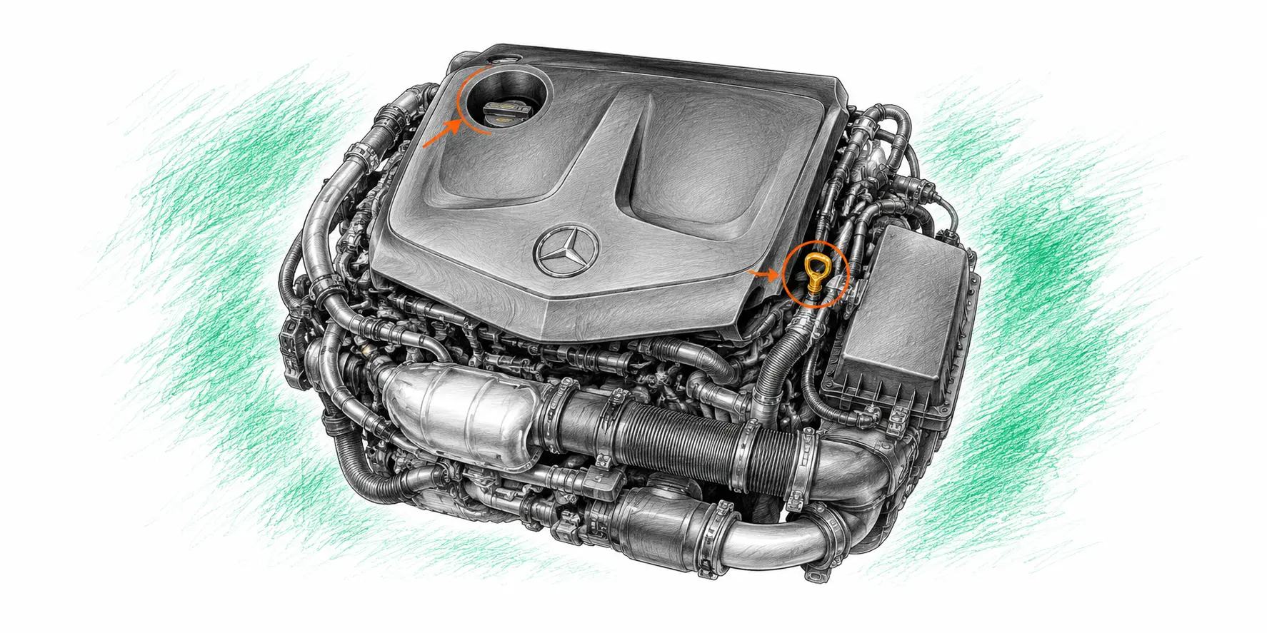 Illustration technique du moteur Mercedes CLA C117 220 CDI avec jauge et bouchon de remplissage d’huile