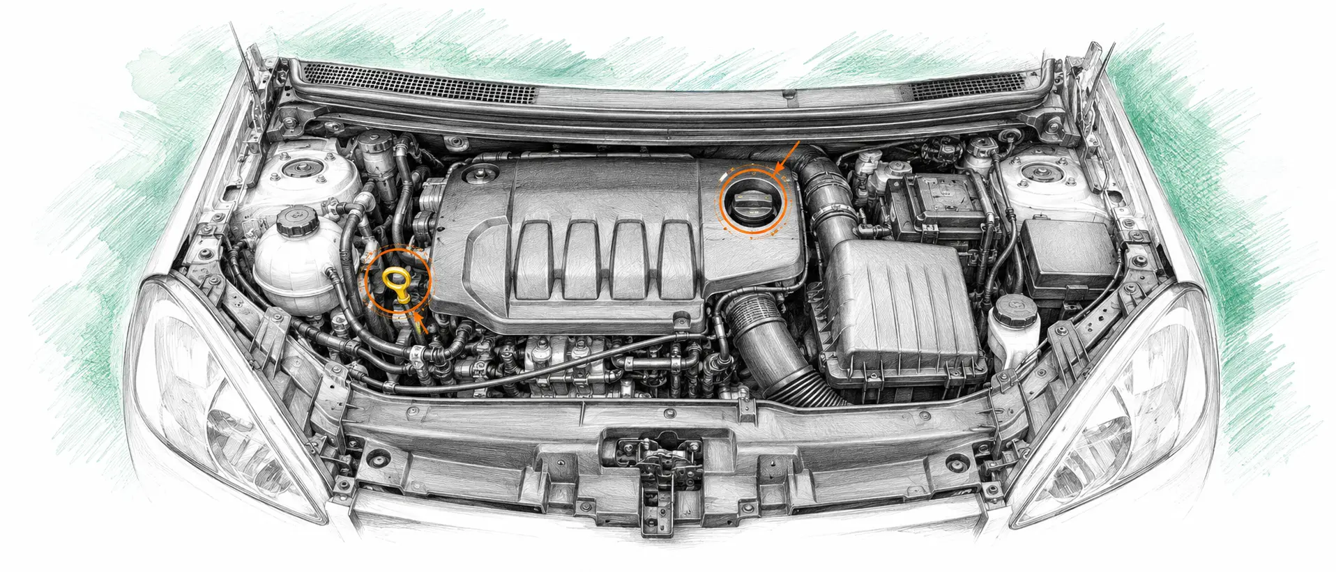 Illustration technique du moteur Mercedes Classe A W169 180 CDI avec jauge et bouchon de remplissage d’huile