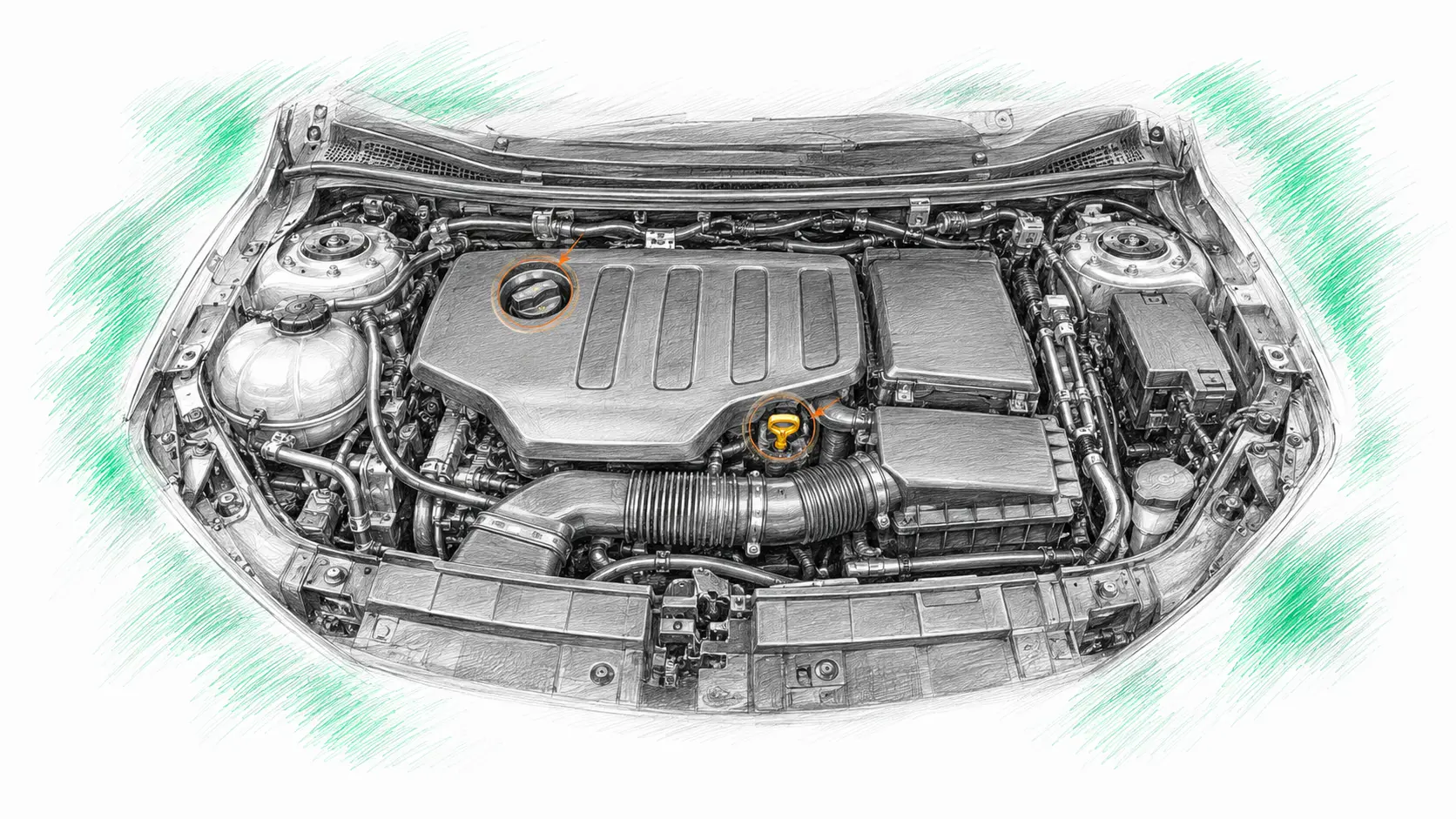 Illustration technique du moteur Mercedes Classe B W245 180 CDI avec jauge et bouchon de remplissage d’huile