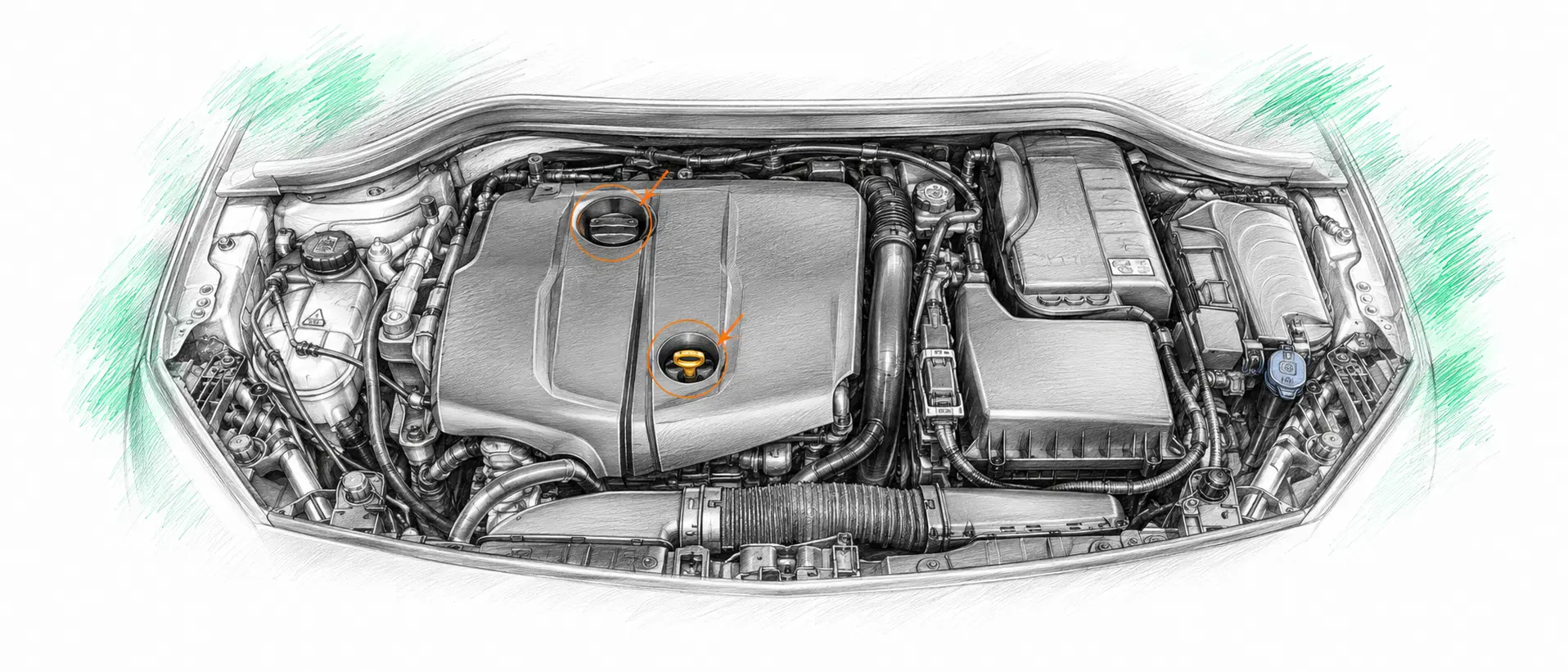 Illustration technique du moteur Mercedes Classe B W246 200 CDI avec jauge et bouchon de remplissage d’huile