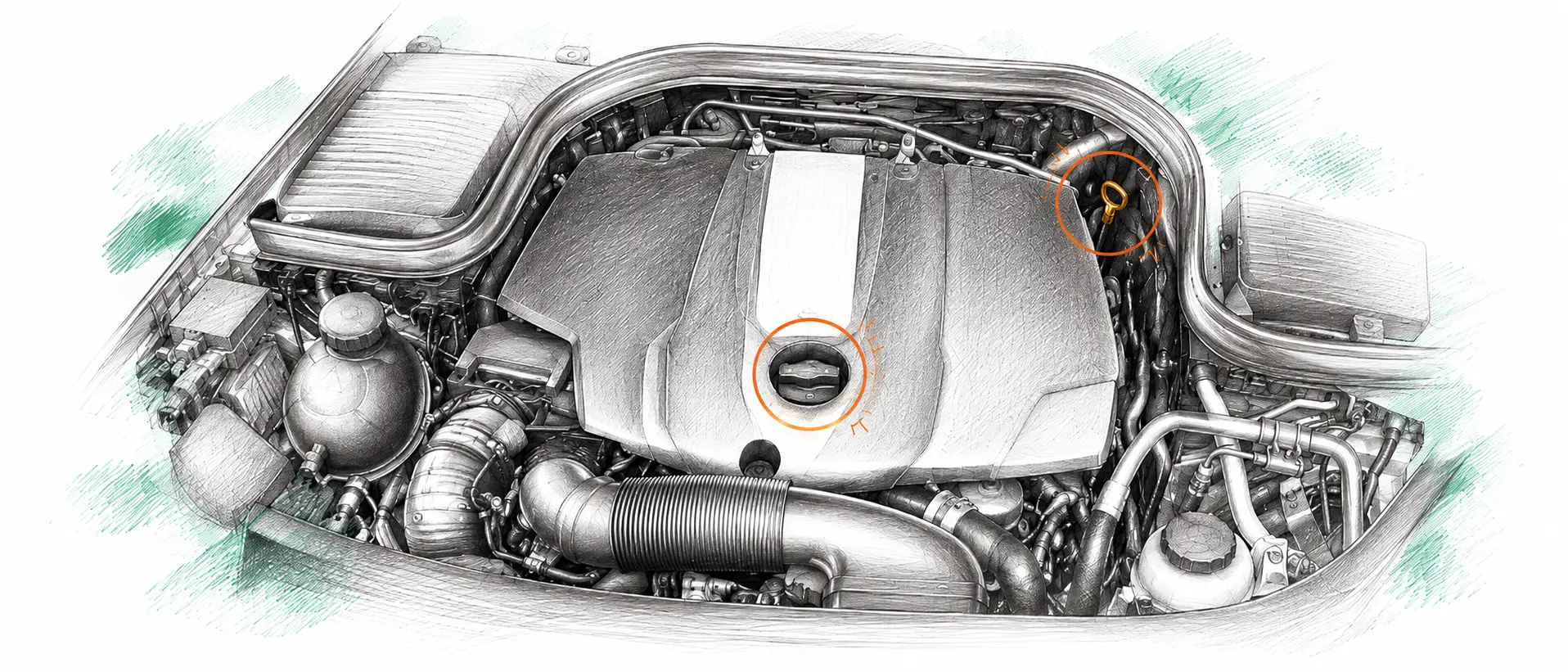 Illustration technique du moteur Mercedes Classe C W203 220 CDI avec jauge et bouchon de remplissage d’huile