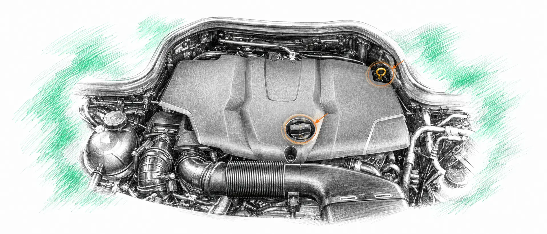 Illustration technique du moteur Mercedes Classe C W204 220 CDI avec jauge et bouchon de remplissage d’huile