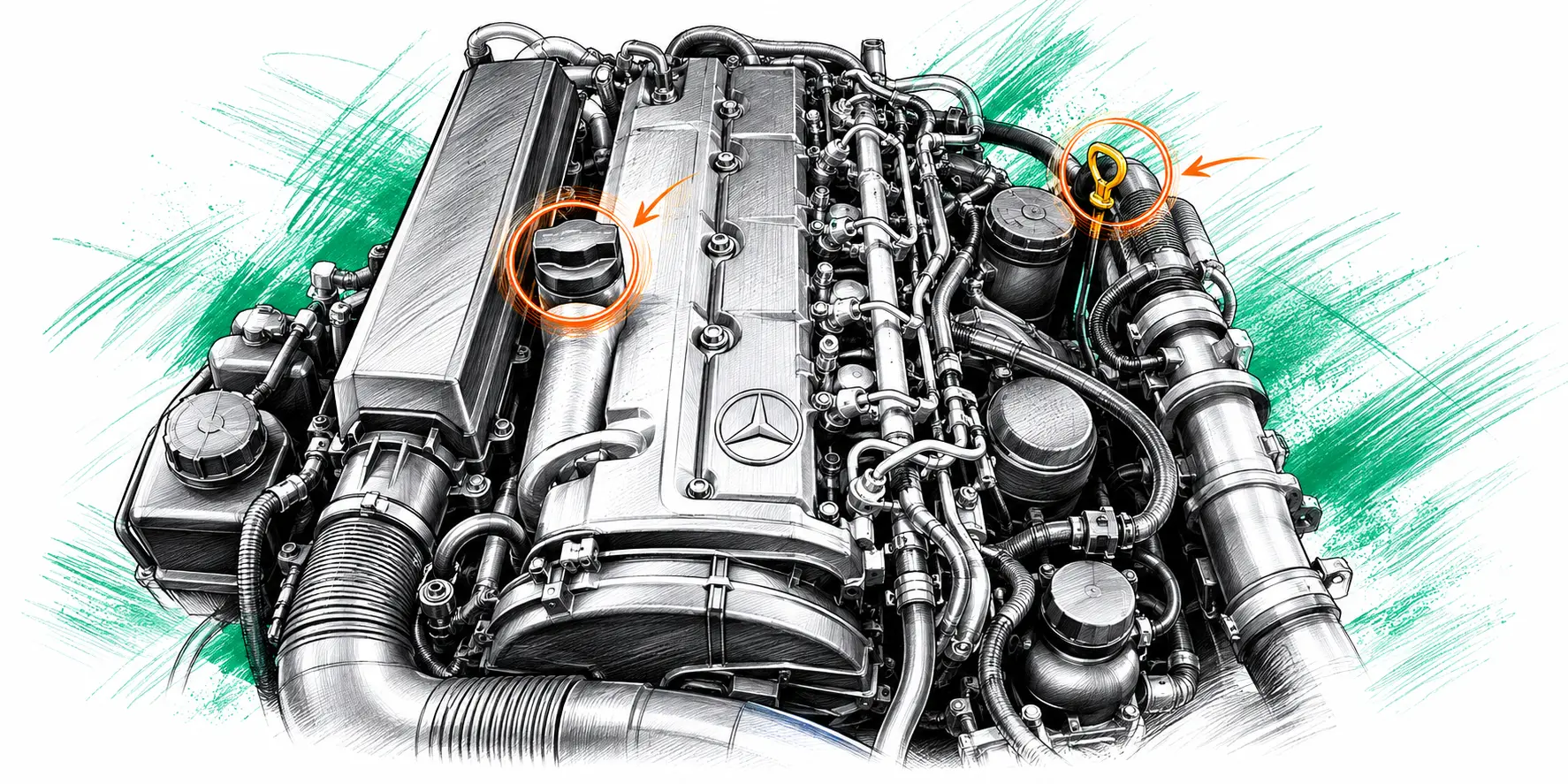 Illustration technique du moteur Mercedes Classe E W211 270 CDI avec jauge et bouchon de remplissage d’huile