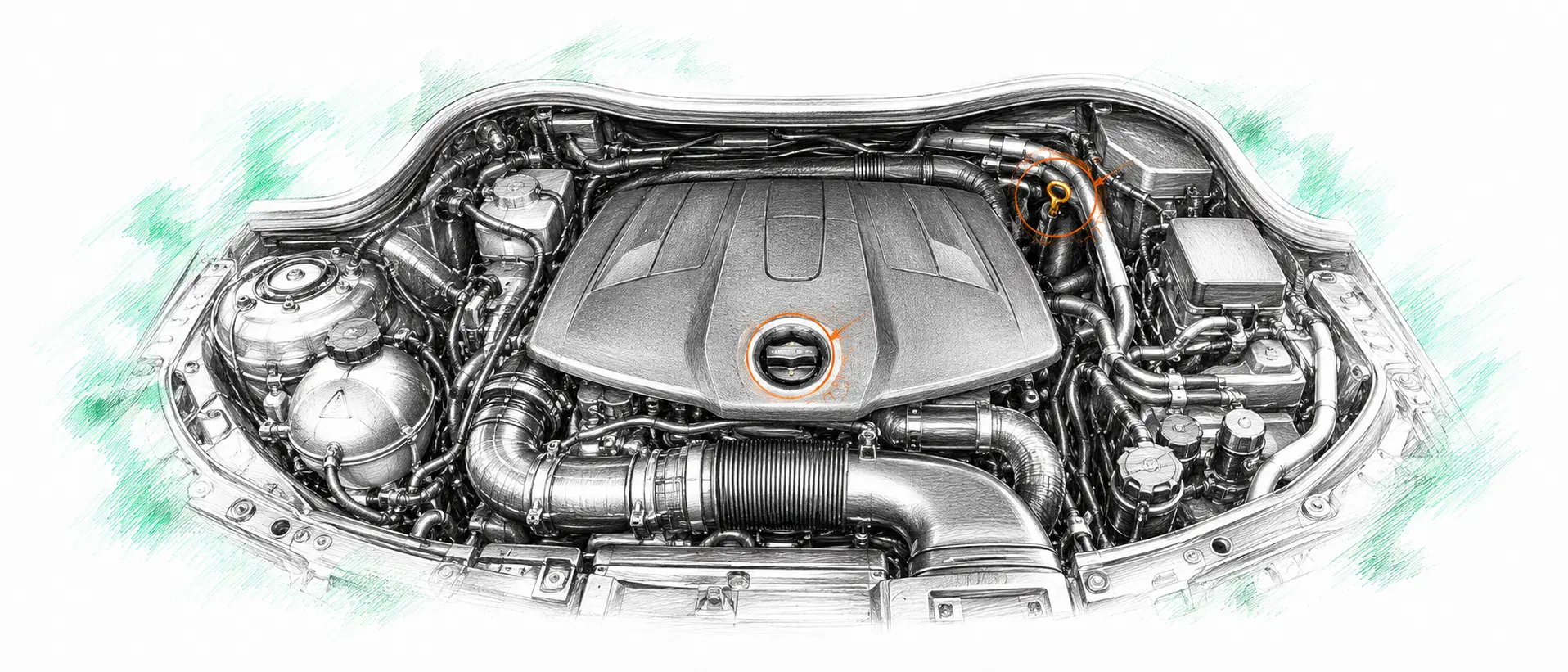 Illustration technique du moteur Mercedes Classe E W212 220 CDI avec jauge et bouchon de remplissage d’huile