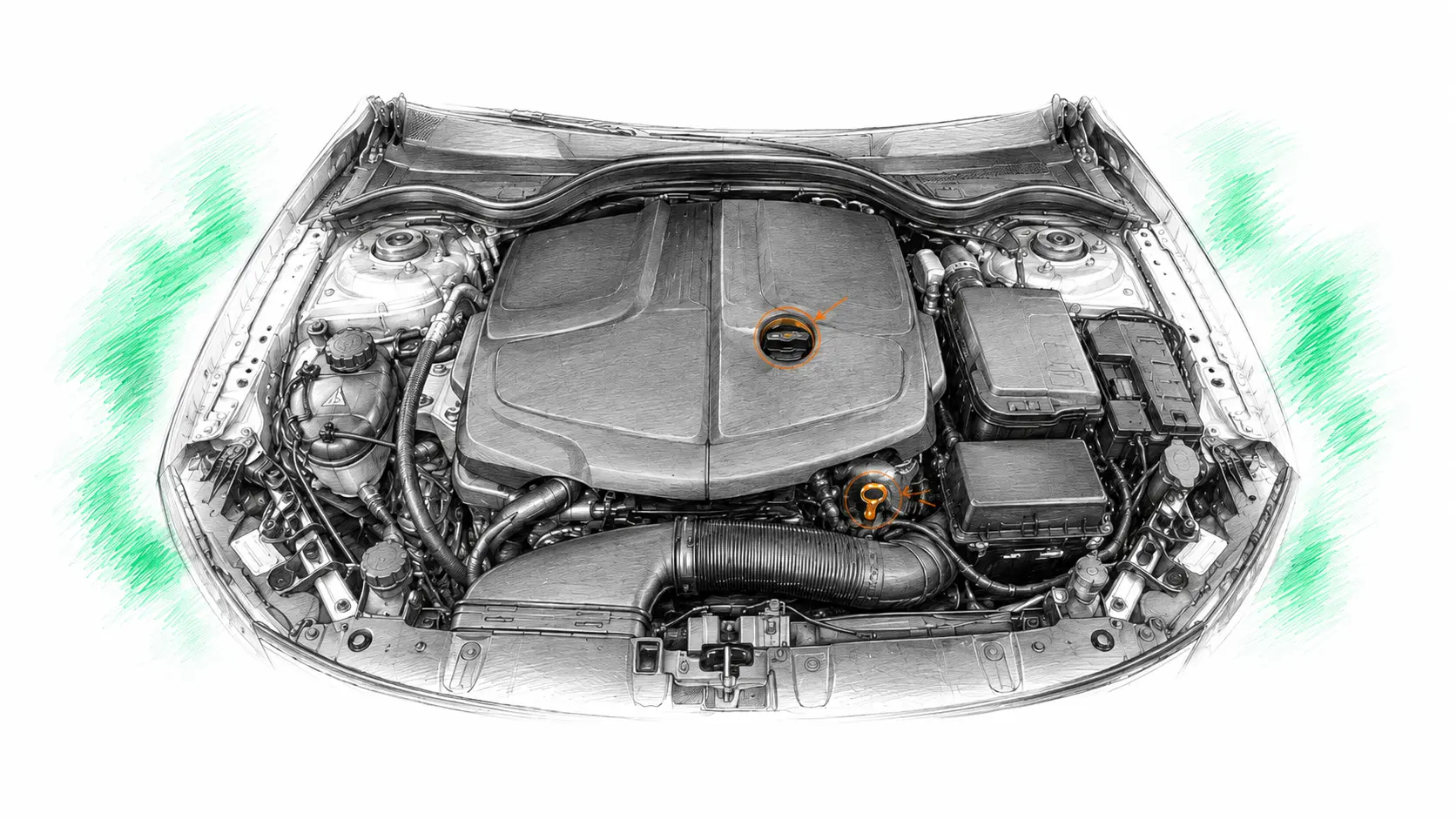 Illustration technique du moteur Mercedes GLA X156 200 CDI avec jauge et bouchon de remplissage d’huile