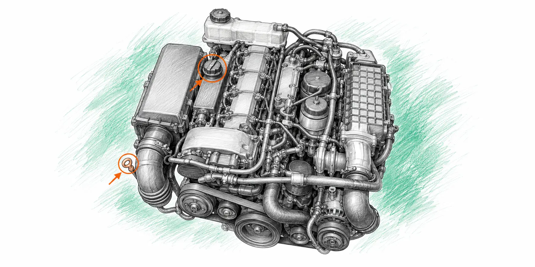 Illustration technique du moteur Mercedes ML W163 270 CDI avec jauge et bouchon de remplissage d’huile