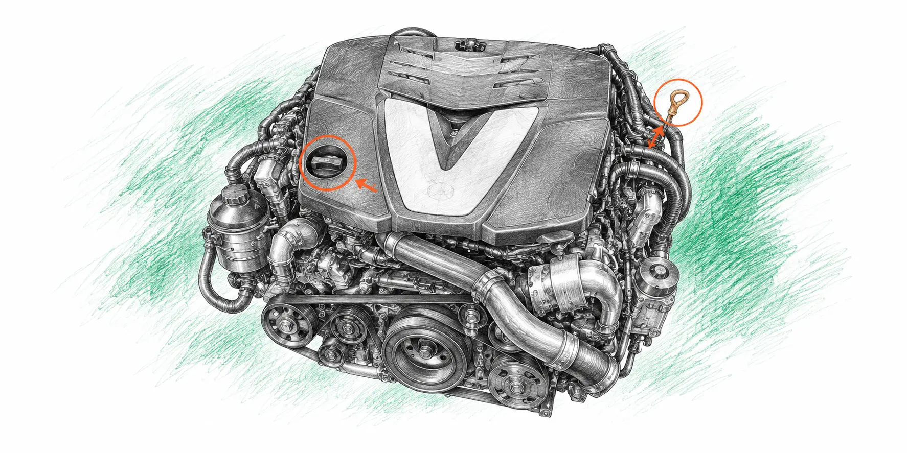 Illustration technique du moteur Mercedes ML W164 320 CDI avec jauge et bouchon de remplissage d’huile