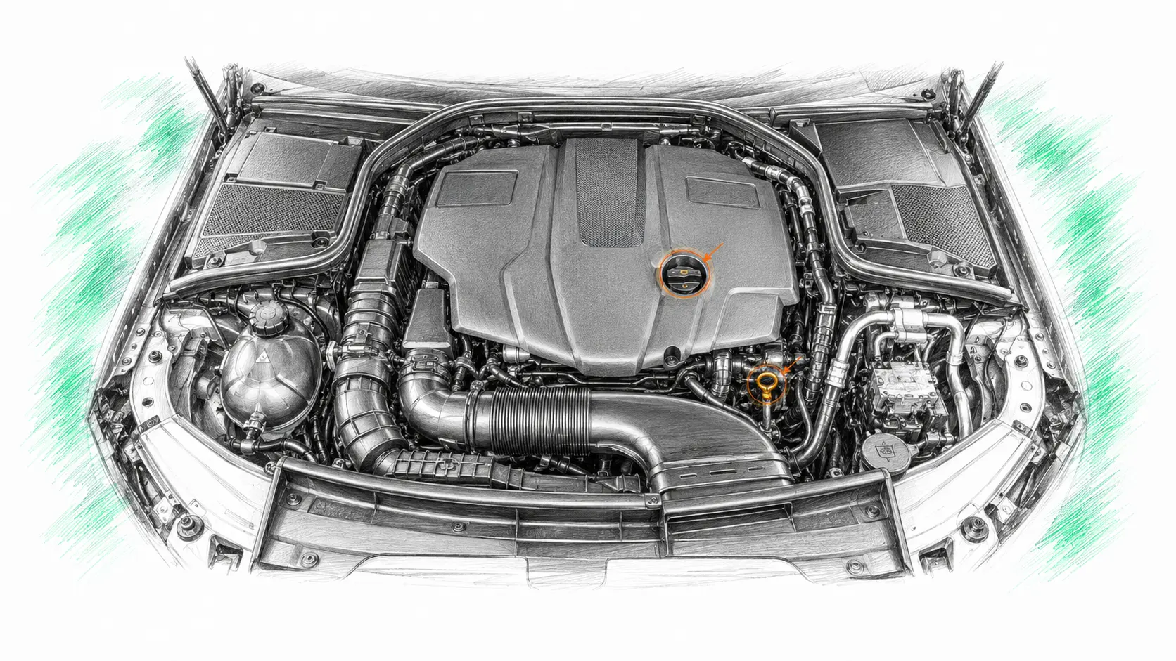 Illustration technique du moteur Mercedes ML W166 250 BlueTEC avec jauge et bouchon de remplissage d’huile