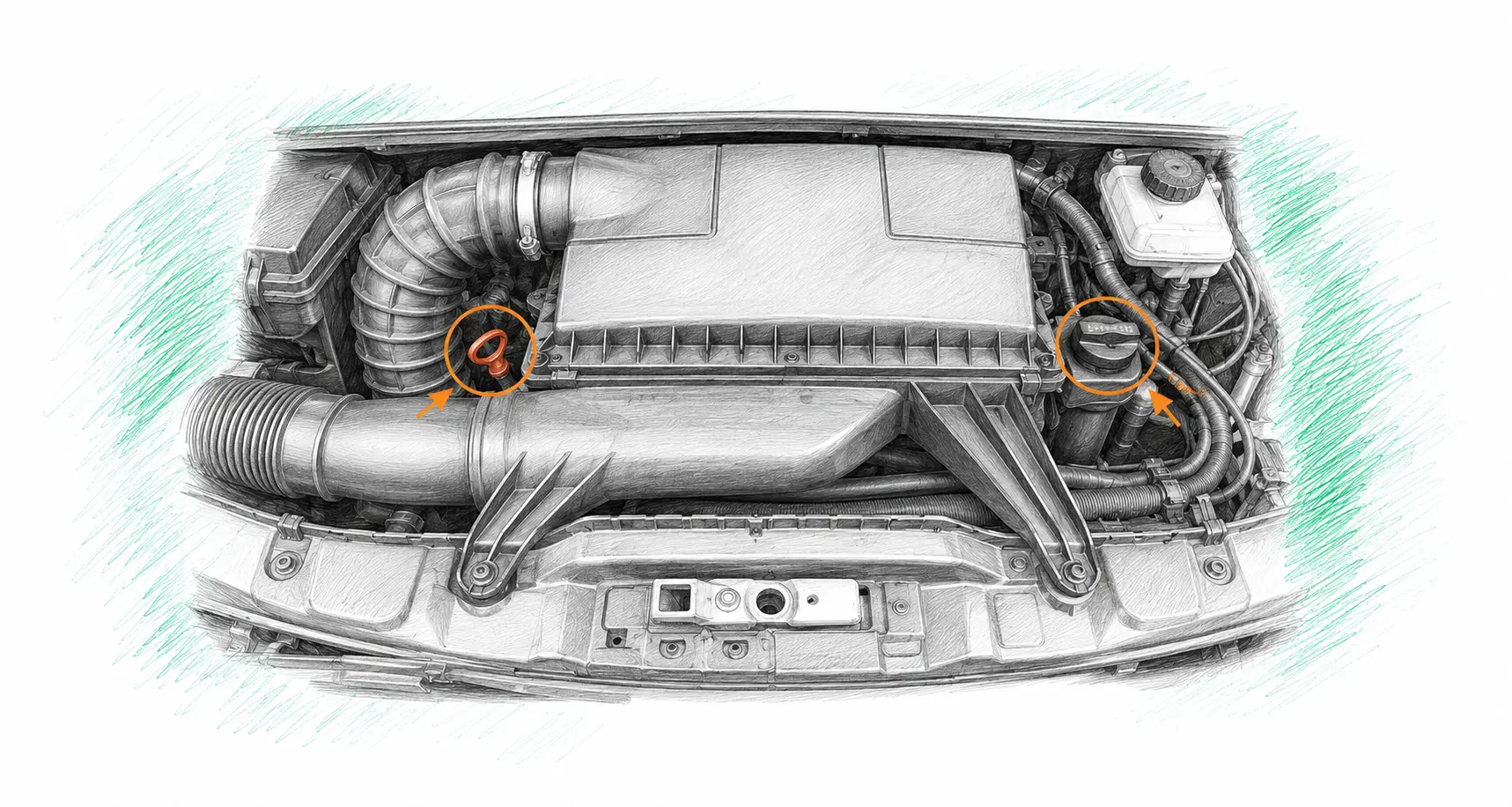 Illustration technique du moteur Mercedes Vito W639 115 CDI avec jauge et bouchon de remplissage d’huile
