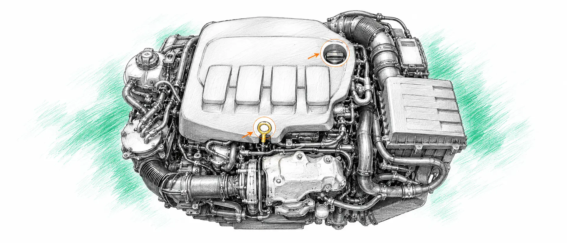 Illustration technique du moteur Opel Mokka 1.6 CDTI avec jauge et bouchon de remplissage d’huile