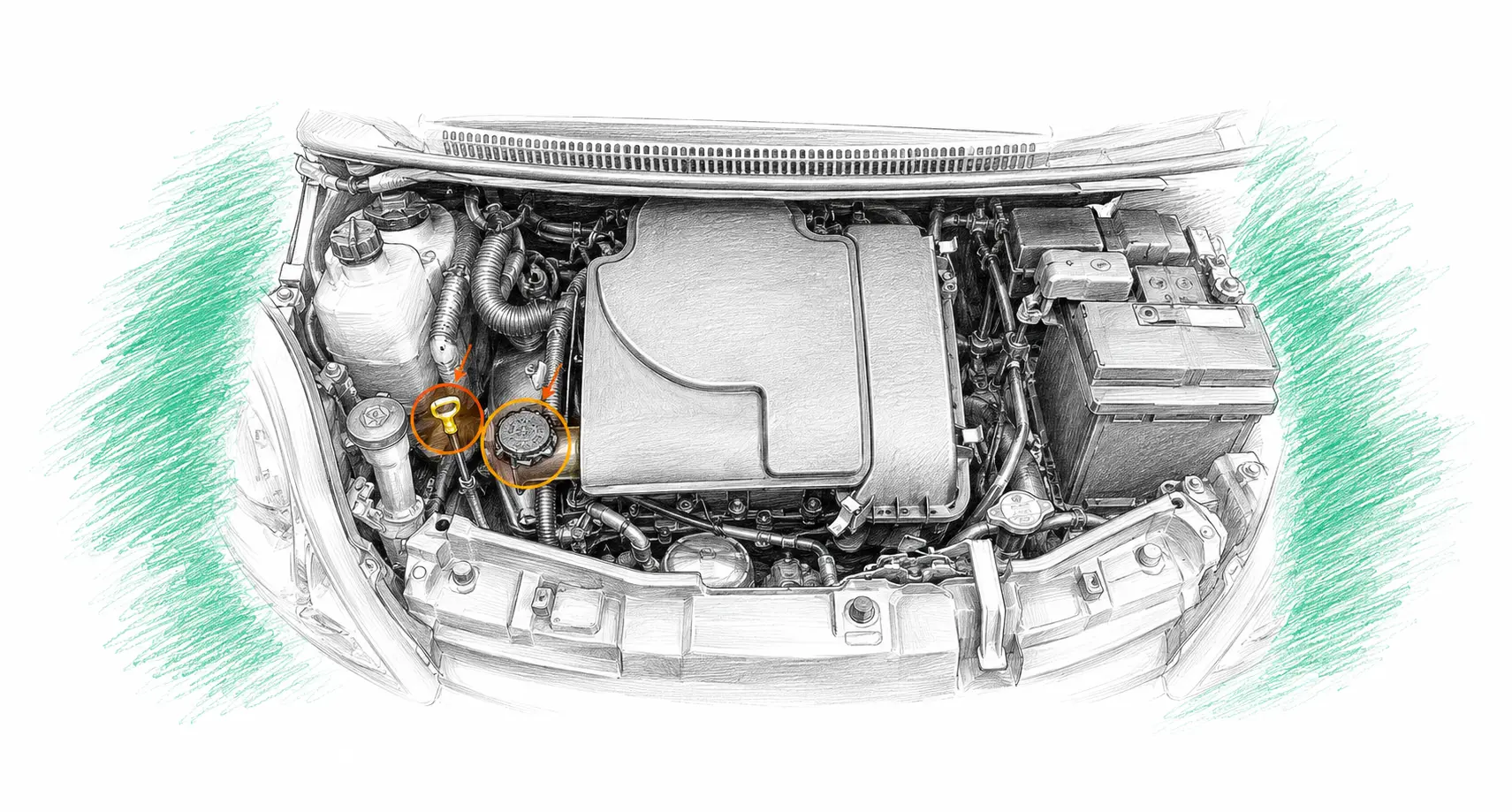 Illustration technique du moteur Peugeot 107 1.0 essence avec jauge et bouchon de remplissage d’huile
