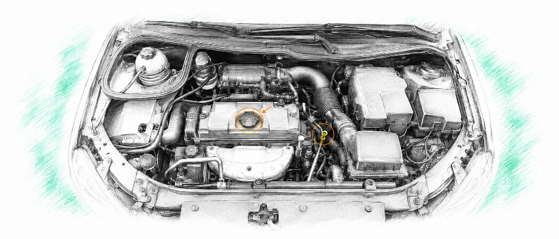Illustration technique du moteur Peugeot 206 1.4 essence avec jauge et bouchon de remplissage d’huile