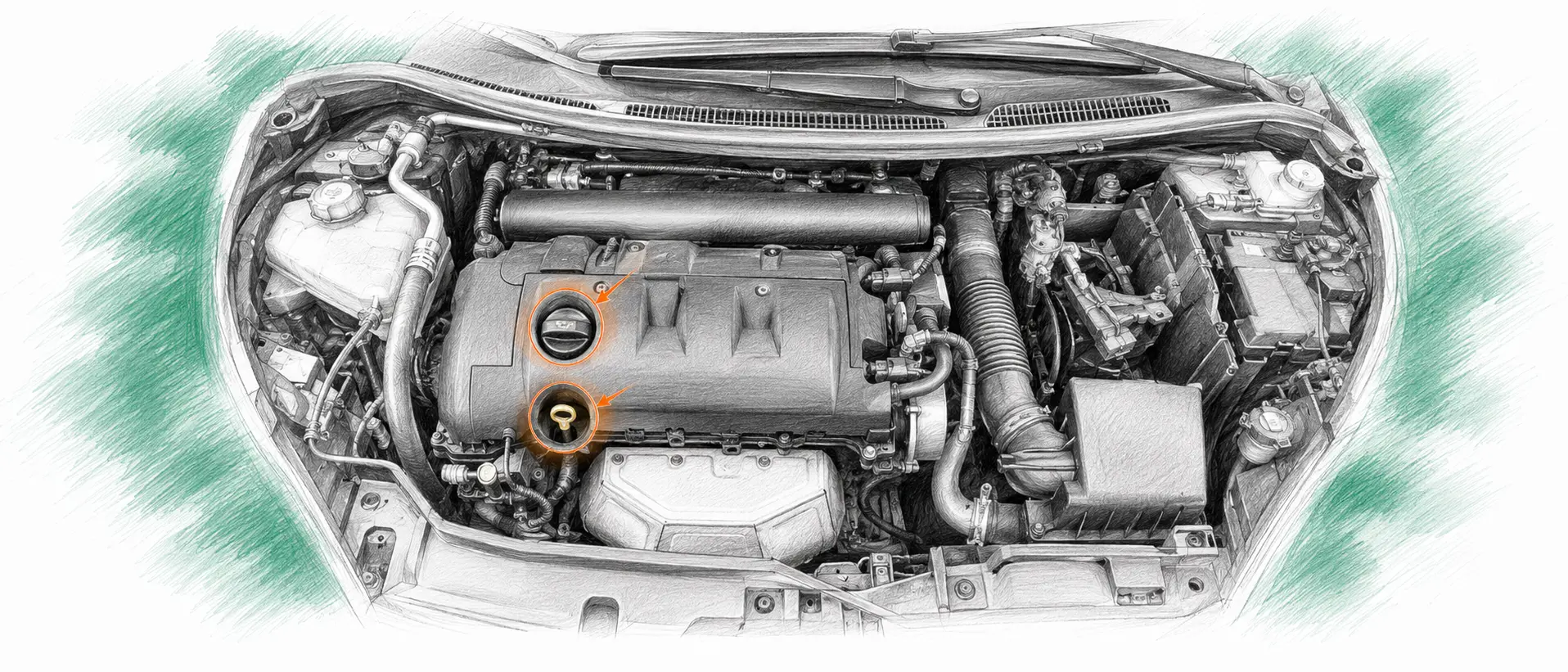 Illustration technique du moteur Peugeot 207 1.4 essence avec jauge et bouchon de remplissage d’huile
