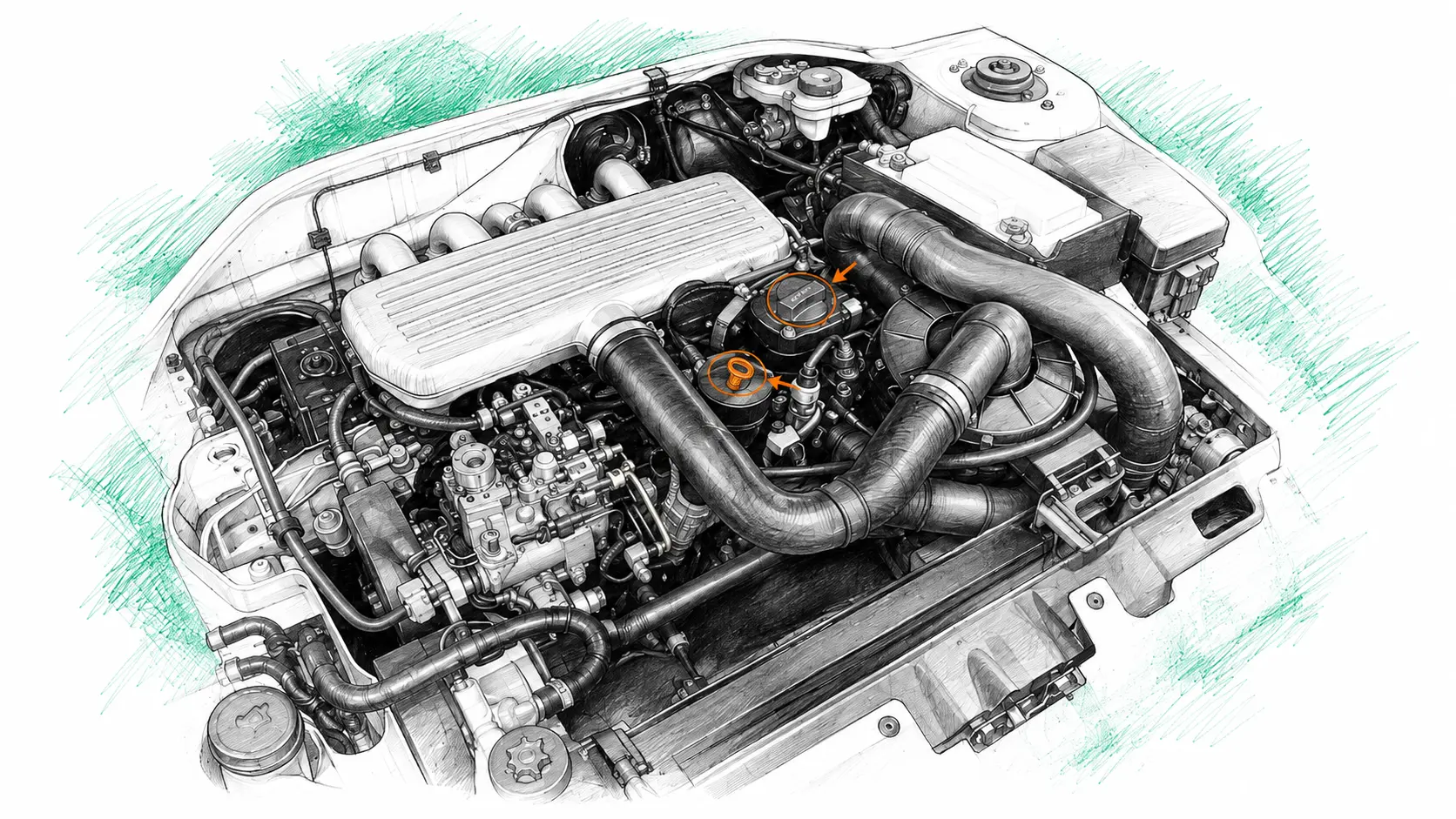 Illustration technique du moteur Peugeot 306 1.9 diesel avec jauge et bouchon de remplissage d’huile