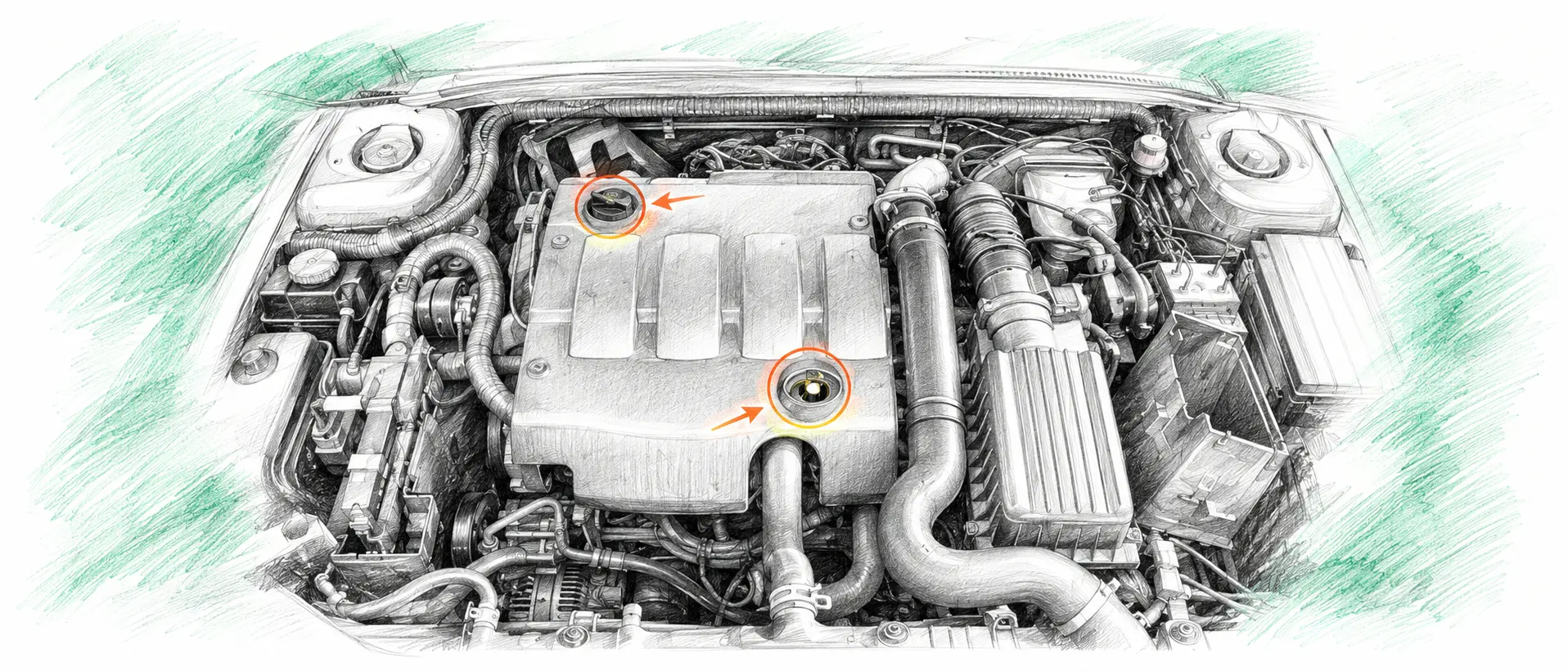 Illustration technique du moteur Peugeot 406 2.0 HDi avec jauge et bouchon de remplissage d’huile