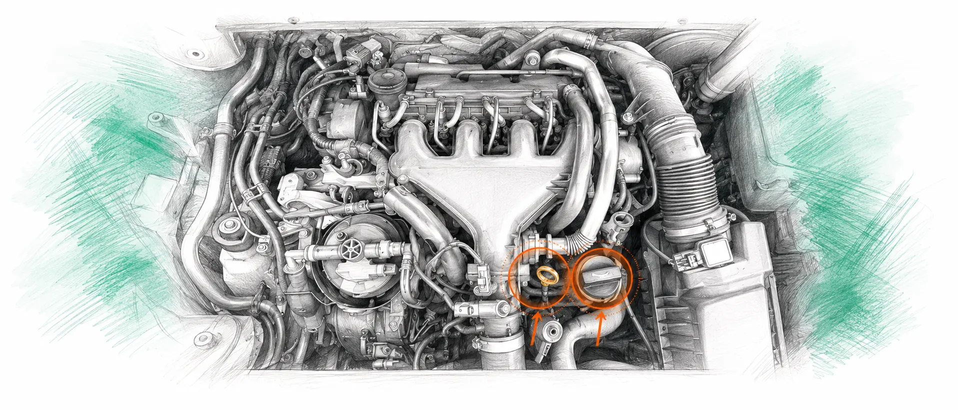 Illustration technique du moteur Peugeot 407 2.0 HDi avec jauge et bouchon de remplissage d’huile