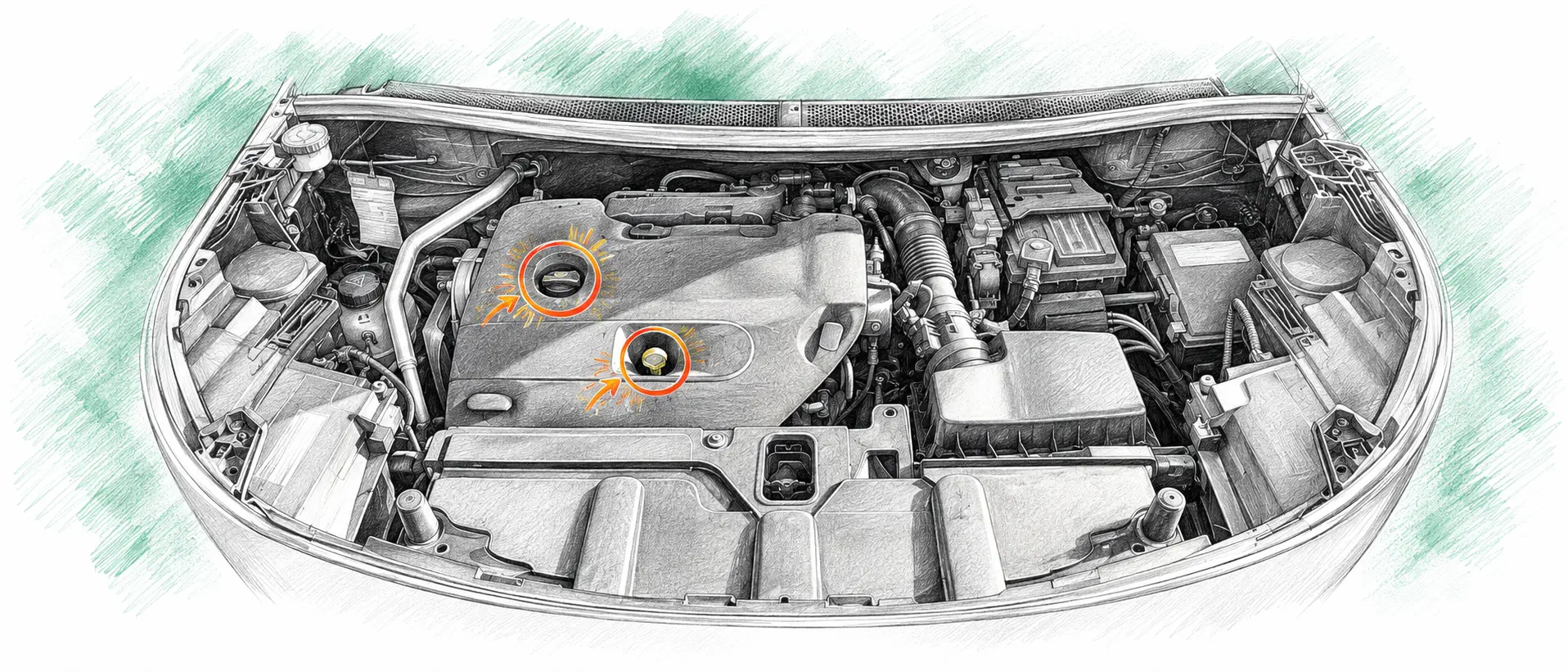 Illustration technique du moteur Peugeot 5008 2.0 HDi avec jauge et bouchon de remplissage d’huile