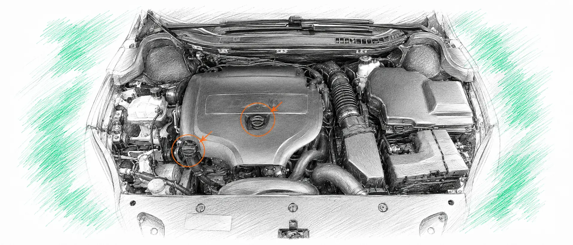Illustration technique du moteur Peugeot 508 2.0 HDi avec jauge et bouchon de remplissage d’huile