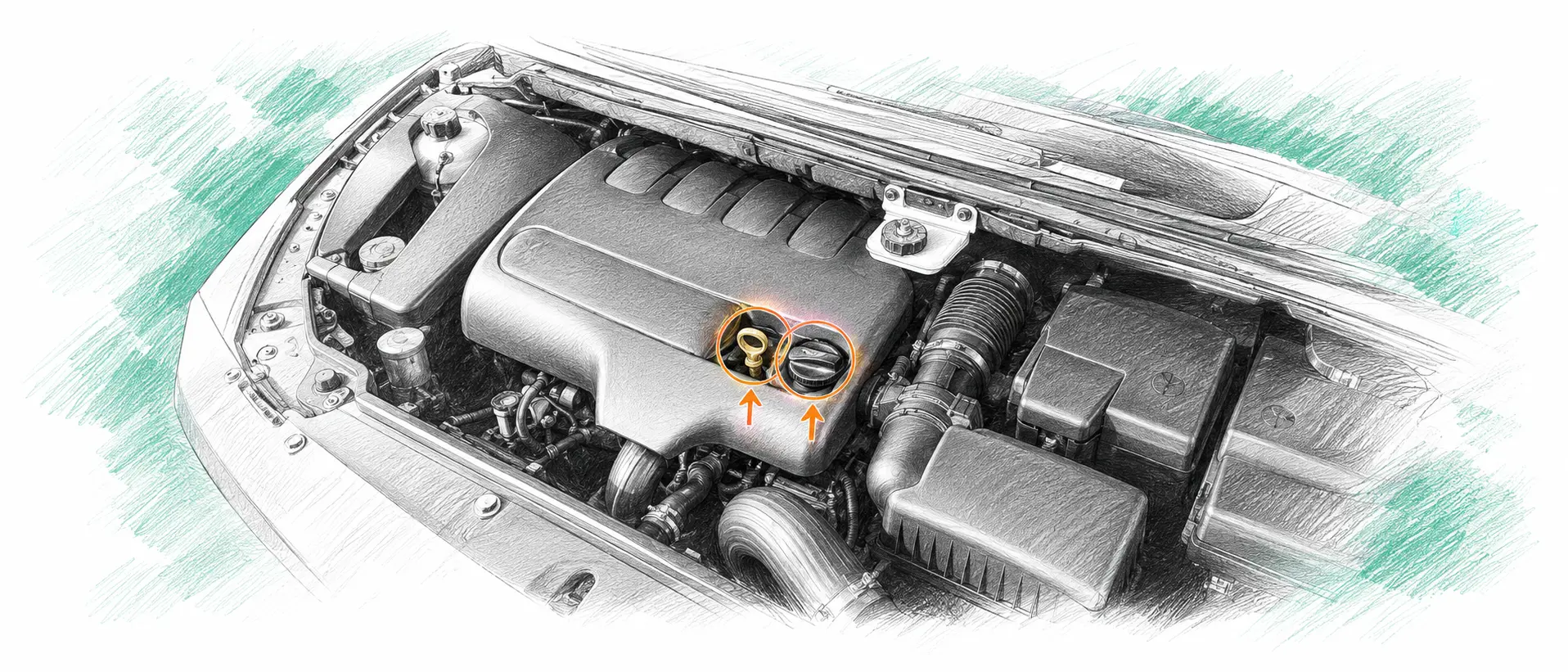 Illustration technique du moteur Peugeot 807 2.0 HDi avec jauge et bouchon de remplissage d’huile