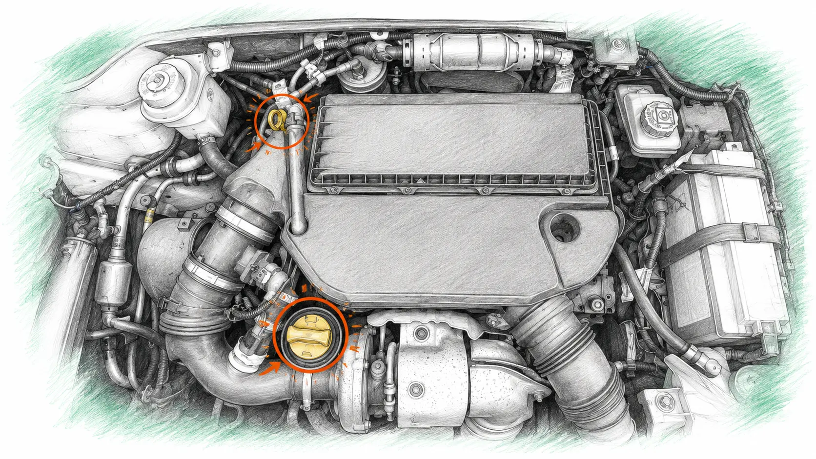 Illustration technique du moteur Peugeot Bipper 1.3 HDi avec jauge et bouchon de remplissage d’huile