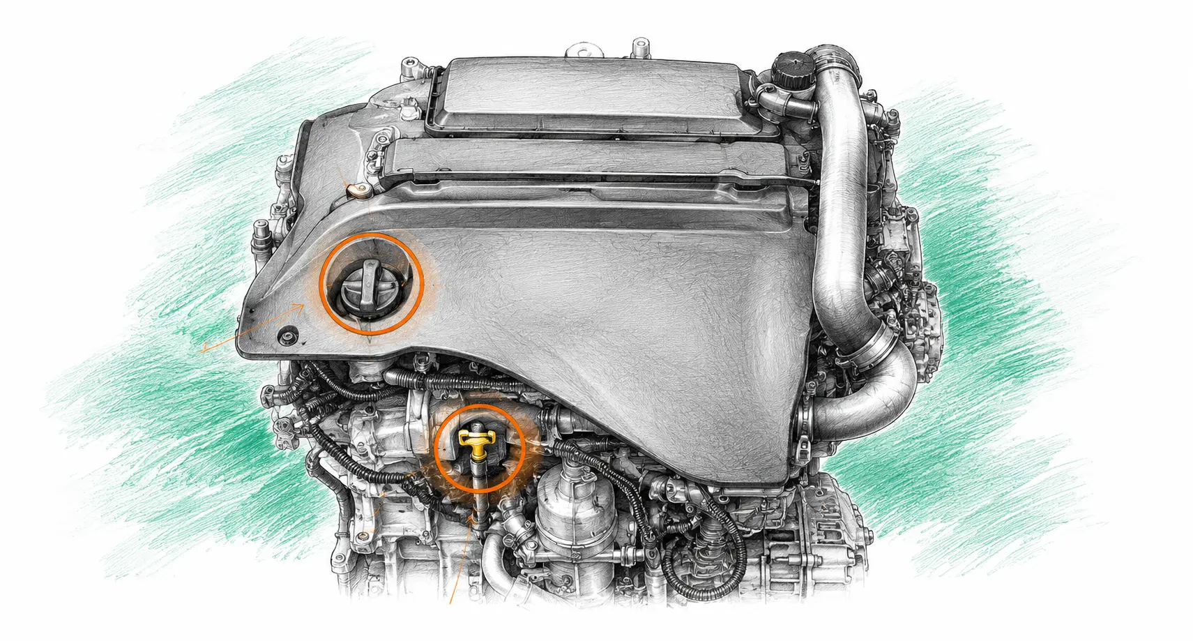 Illustration technique du moteur Peugeot Boxer 2.2 HDi avec jauge et bouchon de remplissage d’huile