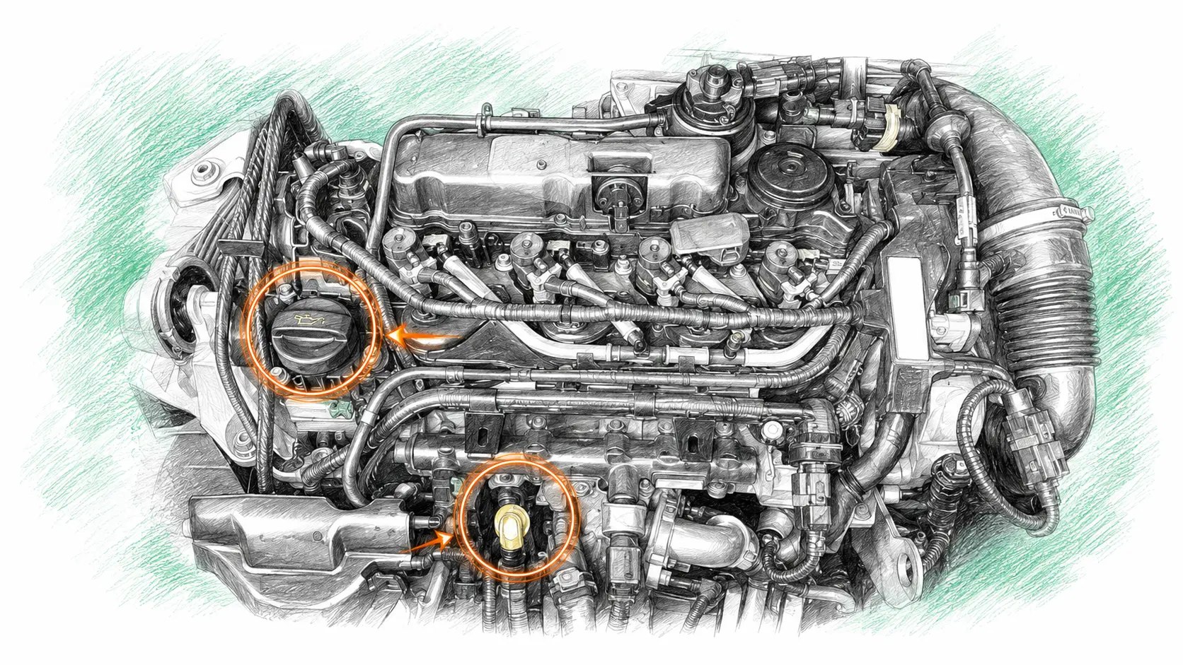 Illustration technique du moteur Peugeot Expert 2.0 HDi avec jauge et bouchon de remplissage d’huile