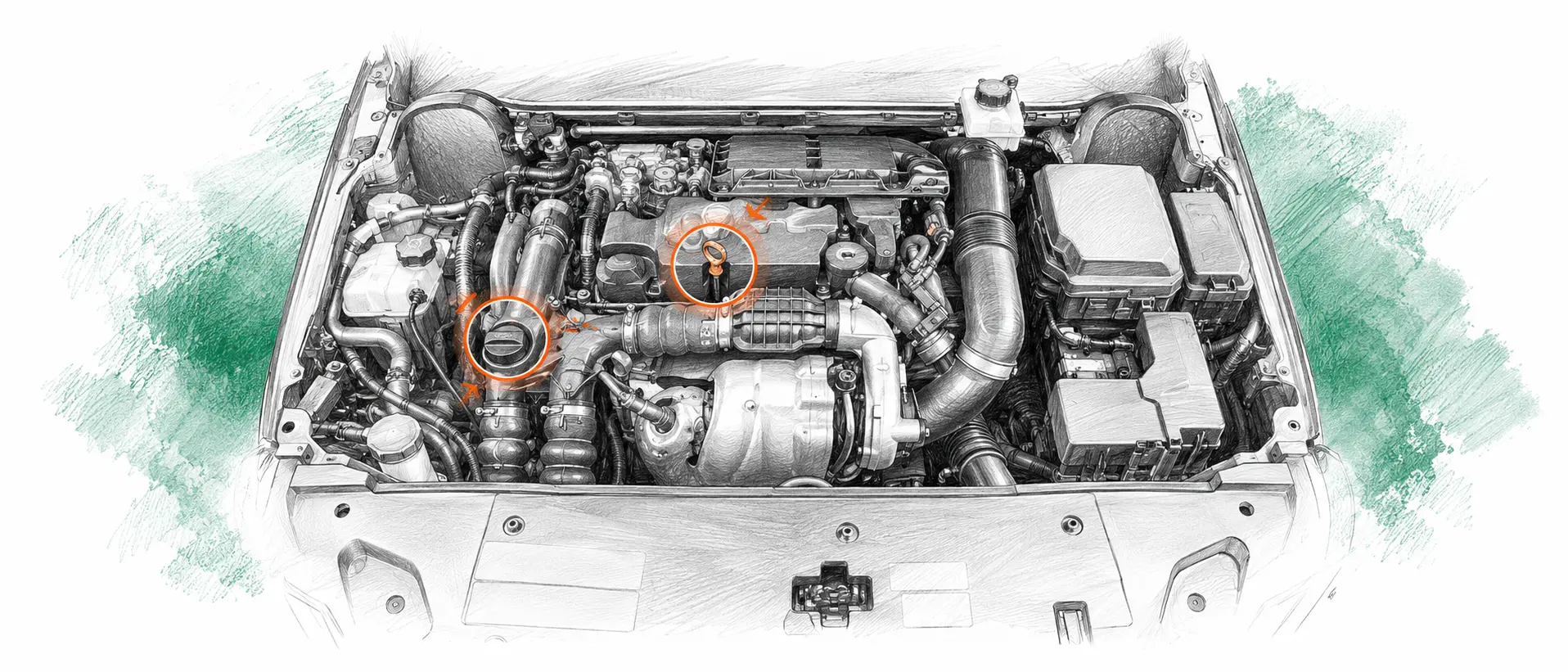 Illustration technique du moteur Peugeot Partner 1.6 HDi avec jauge et bouchon de remplissage d’huile