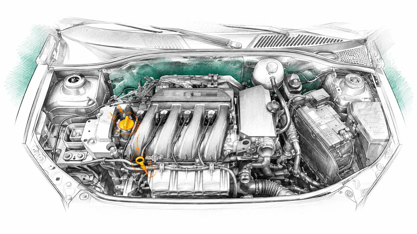 Illustration technique du moteur Renault Clio 2 1.4 16V avec jauge et bouchon de remplissage d’huile
