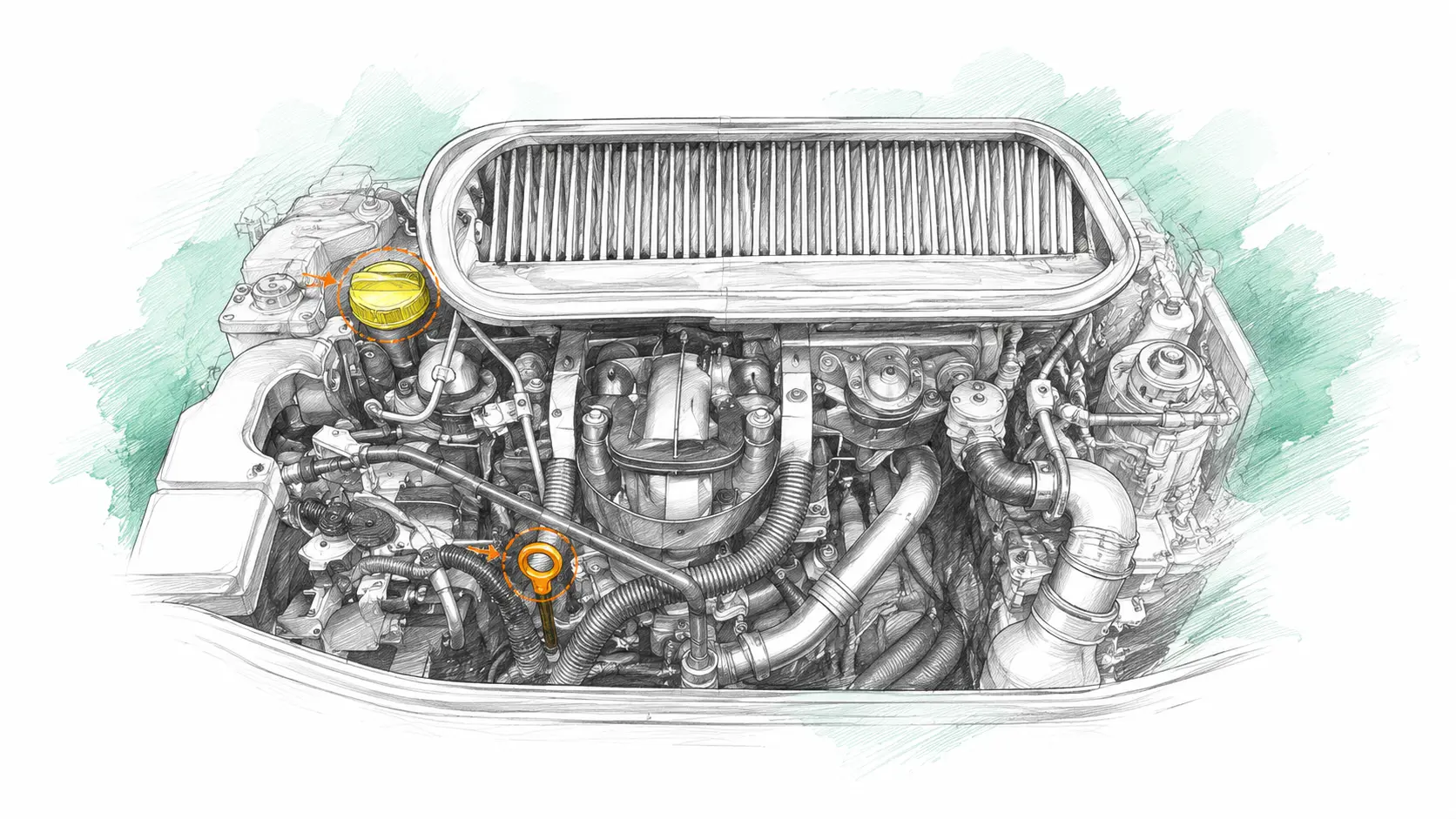 Illustration technique du moteur Renault Espace 4 2.2 dCi avec jauge et bouchon de remplissage d’huile