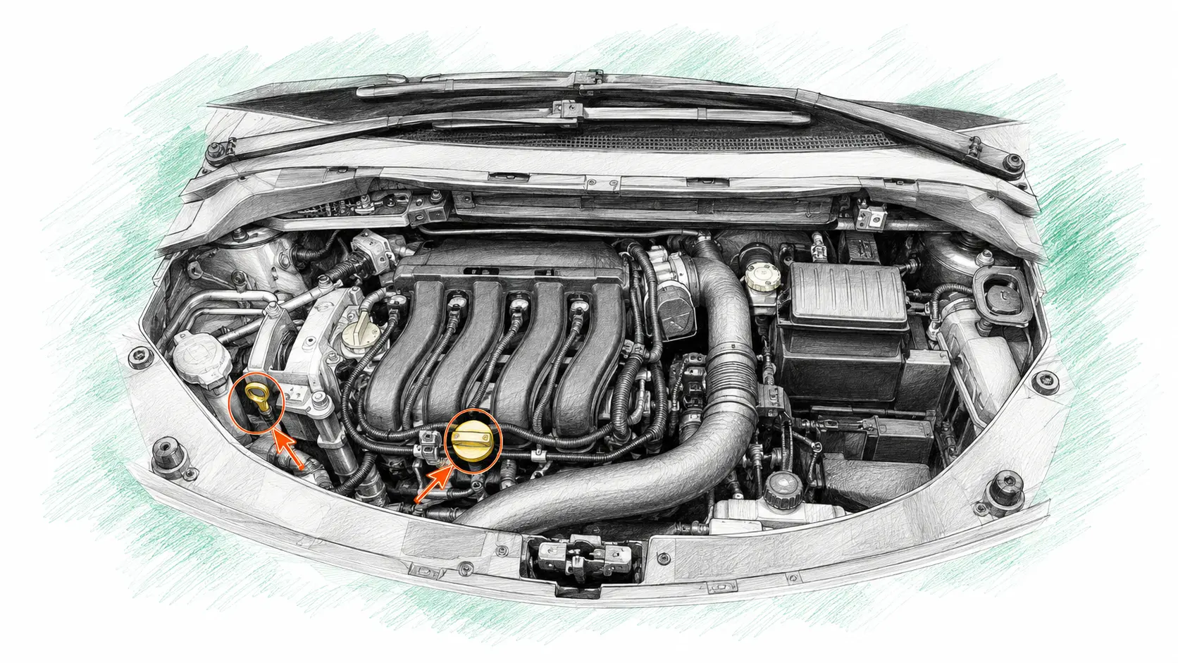 Illustration technique du moteur Renault Grand Modus 1.6 16V avec jauge et bouchon de remplissage d’huile