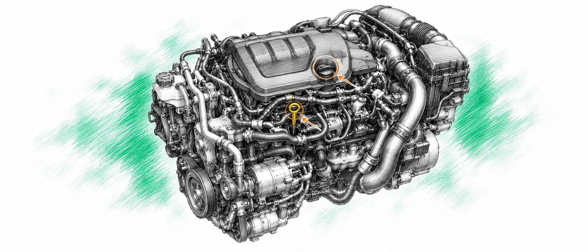 Illustration technique du moteur Renault Kadjar 1.5 DCI avec jauge et bouchon de remplissage d’huile