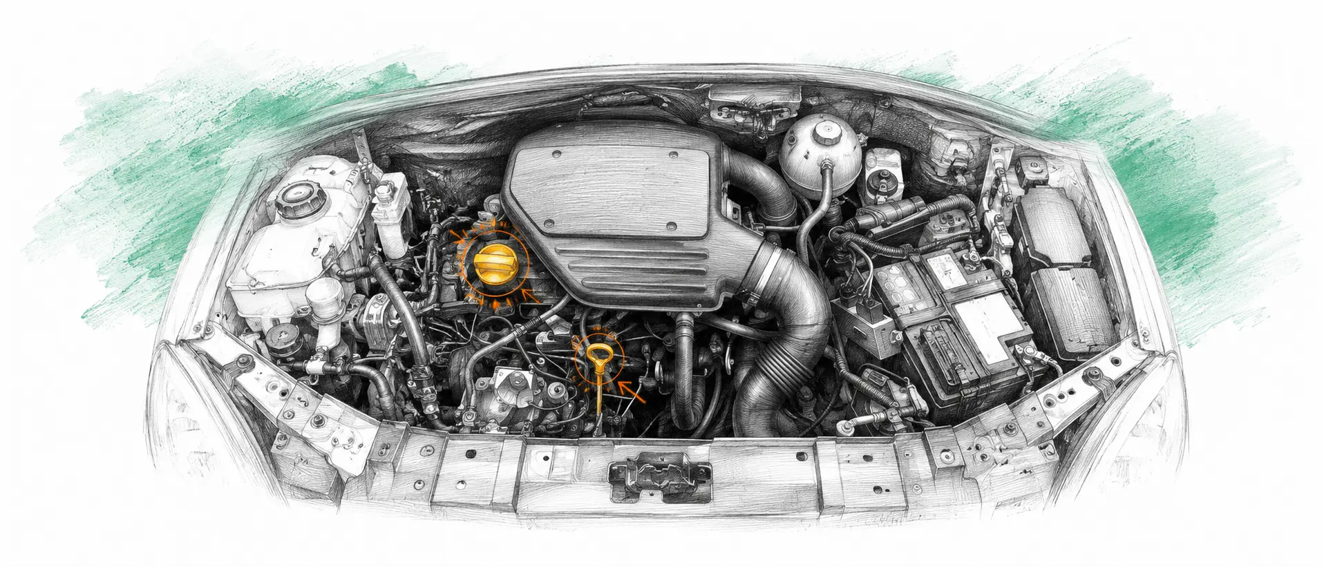 Illustration technique du moteur Renault Kangoo 1 1.9 D avec jauge et bouchon de remplissage d’huile