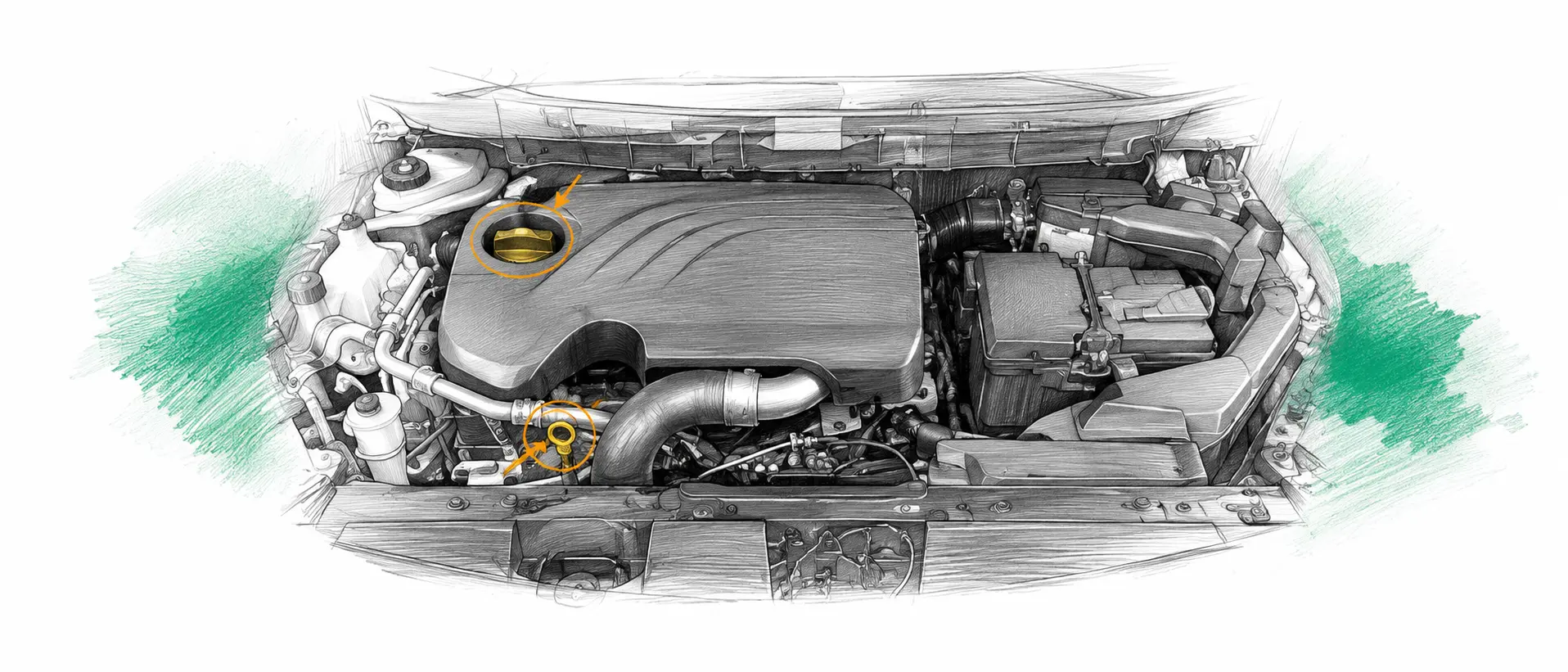 Illustration technique du moteur Renault Koleos 1 2.0 dCi avec jauge et bouchon de remplissage d’huile