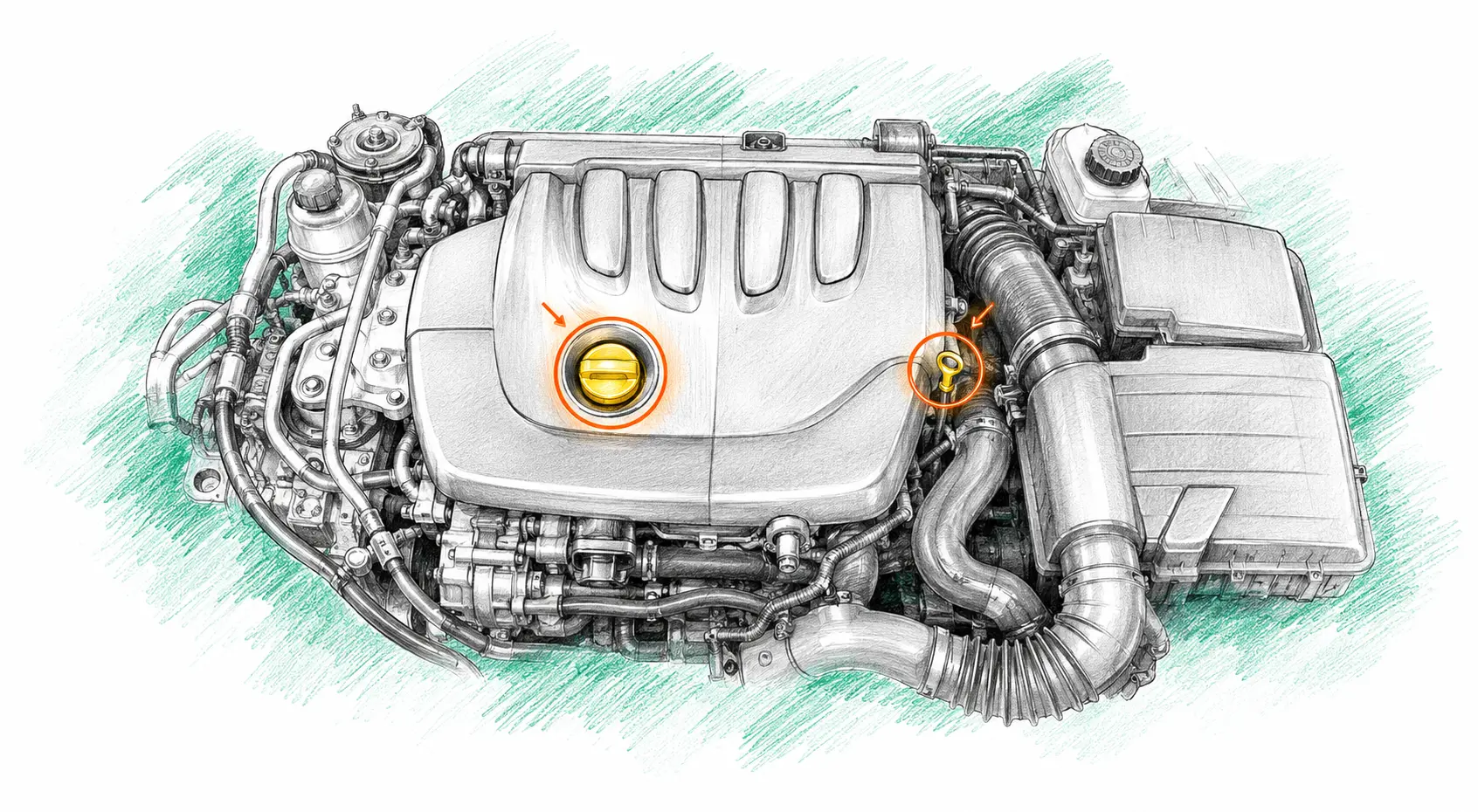Illustration technique du moteur Renault Laguna 2 1.9 dCi avec jauge et bouchon de remplissage d’huile