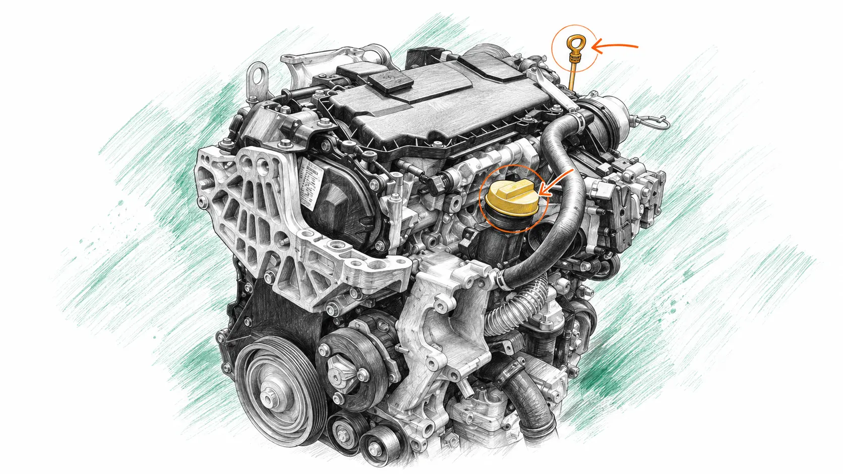 Illustration technique du moteur Renault Trafic 2 2.0 dCi avec jauge et bouchon de remplissage d’huile