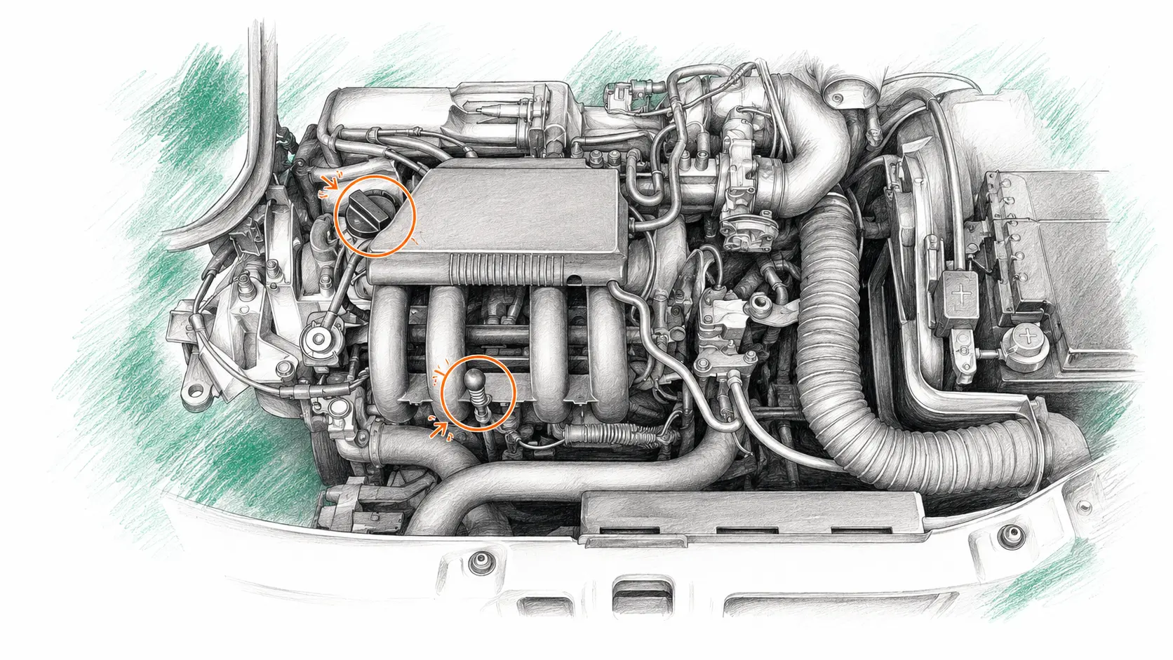 Illustration technique du moteur Renault Twingo 1 avec jauge et bouchon de remplissage d’huile
