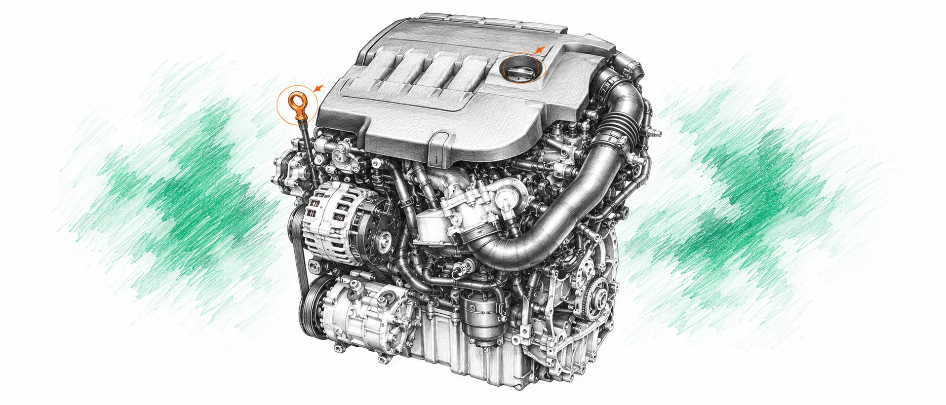 Illustration technique du moteur Seat Leon 1.6 TDI avec jauge et bouchon de remplissage d’huile