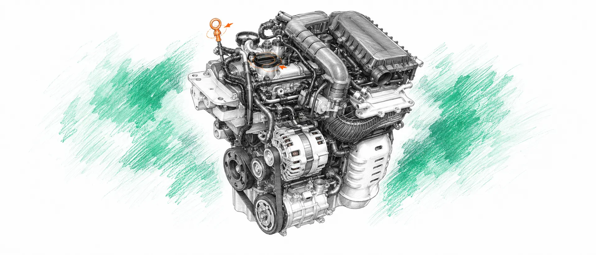 Illustration technique du moteur Skoda Fabia 1.2 TSI avec jauge et bouchon de remplissage d’huile