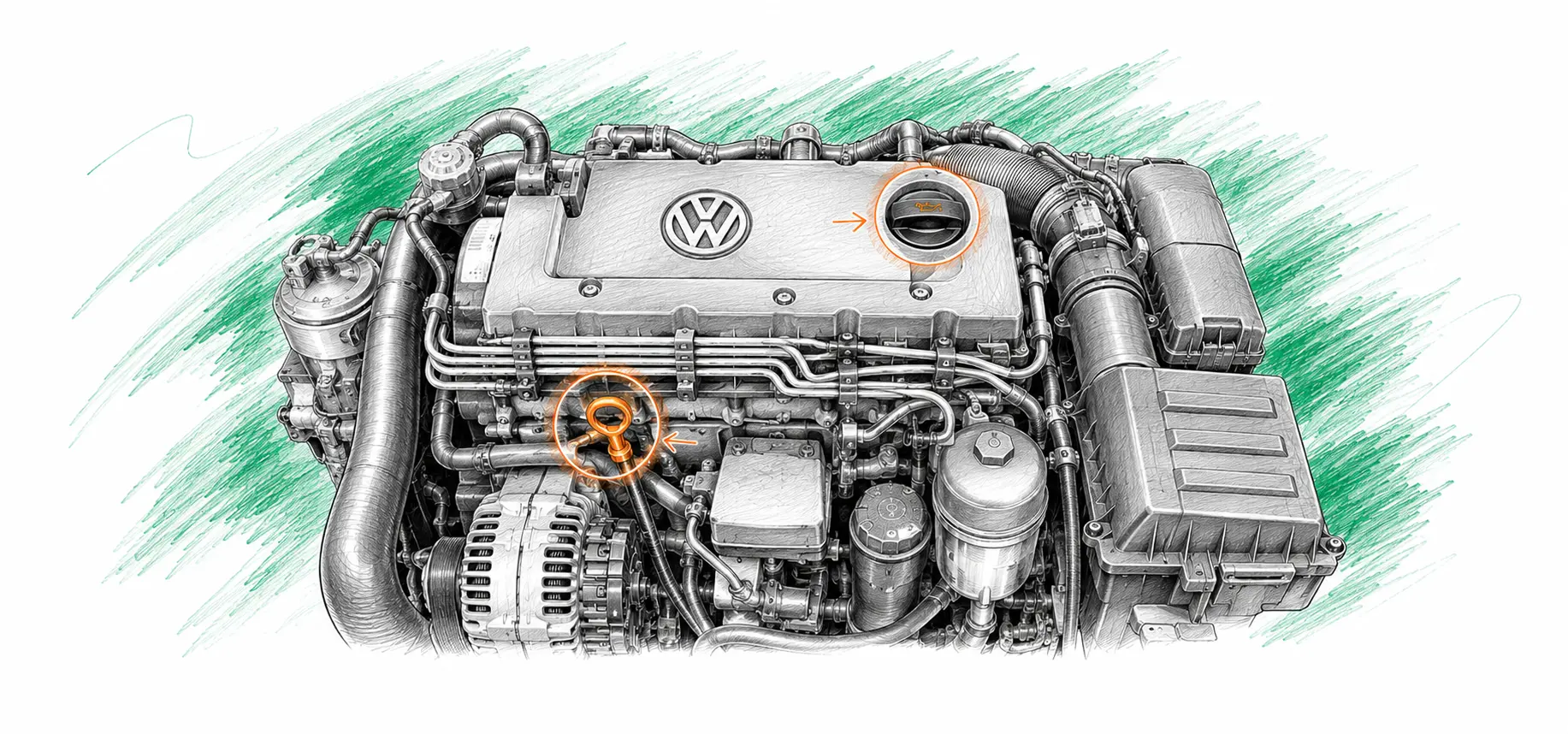 Illustration technique du moteur Volkswagen Caddy 1.9 TDI avec jauge et bouchon de remplissage d’huile