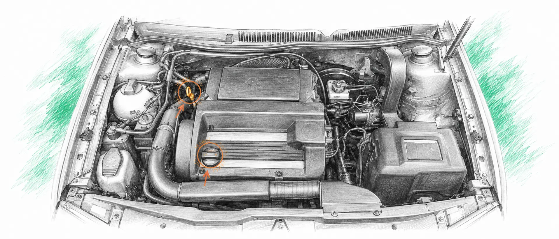 Illustration technique du moteur Volkswagen Golf 4 1.6 essence avec jauge et bouchon de remplissage d’huile