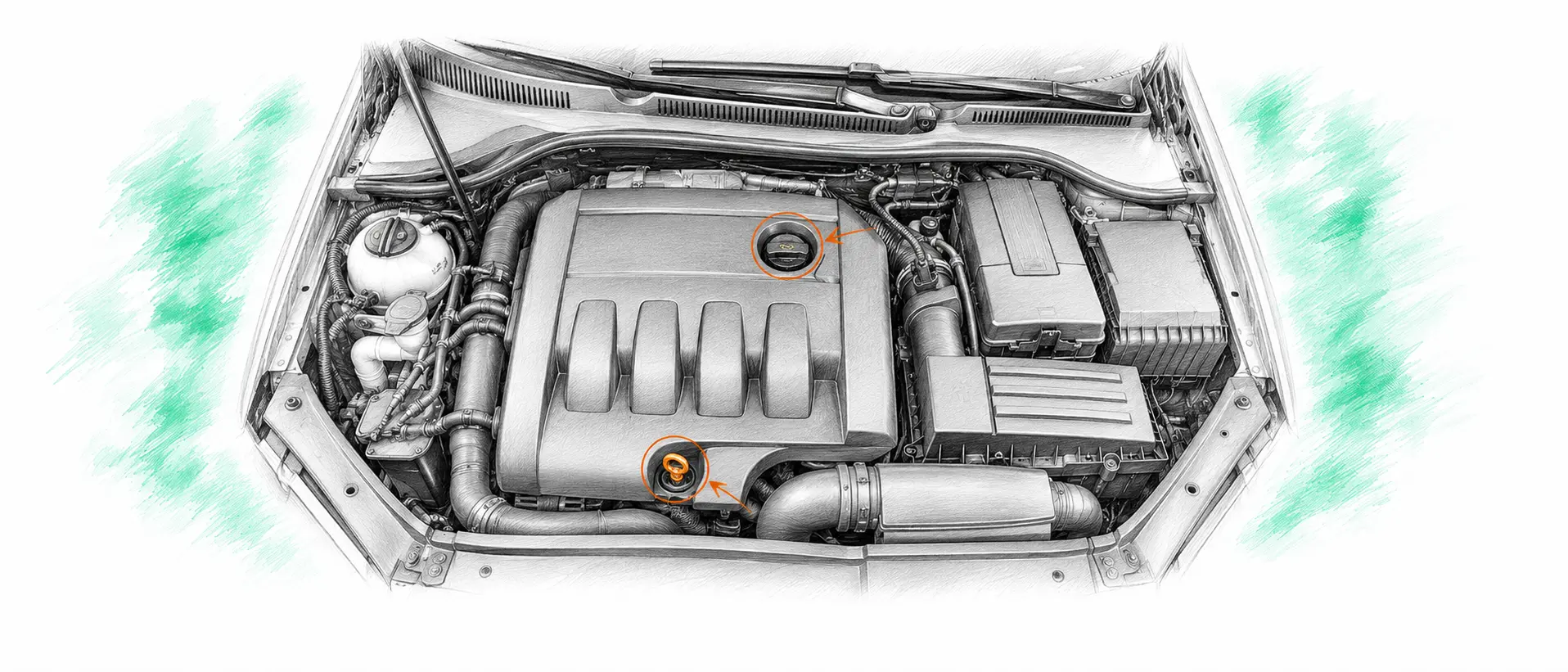 Illustration technique du moteur Volkswagen Golf 5 1.9 TDI avec jauge et bouchon de remplissage d’huile