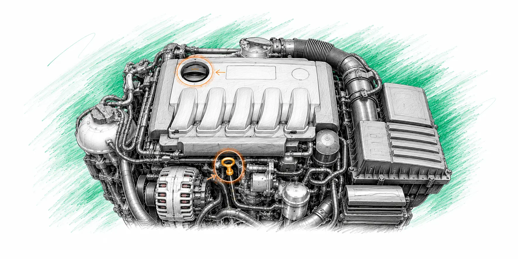 Illustration technique du moteur Volkswagen Jetta 2.0 TDI avec jauge et bouchon de remplissage d’huile