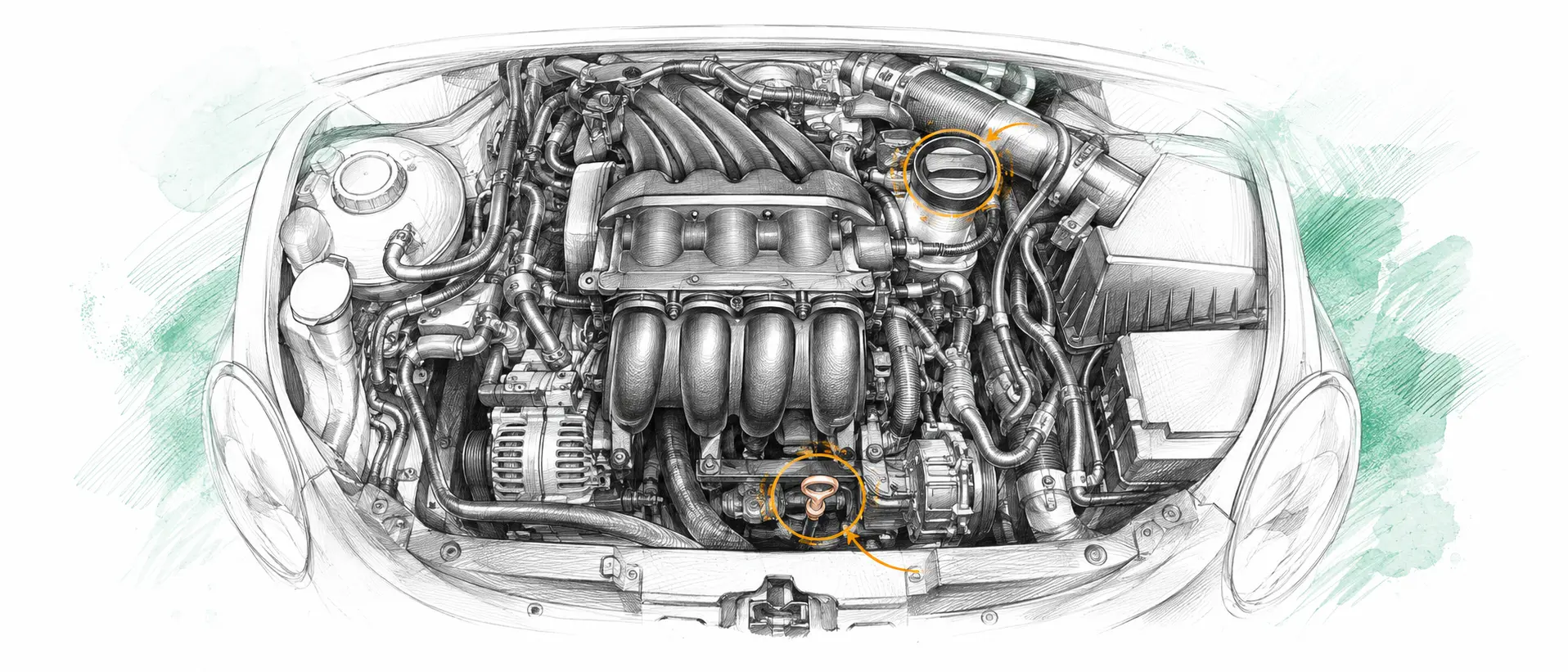 Illustration technique du moteur Volkswagen New Beetle 1.6 essence avec jauge et bouchon de remplissage d’huile