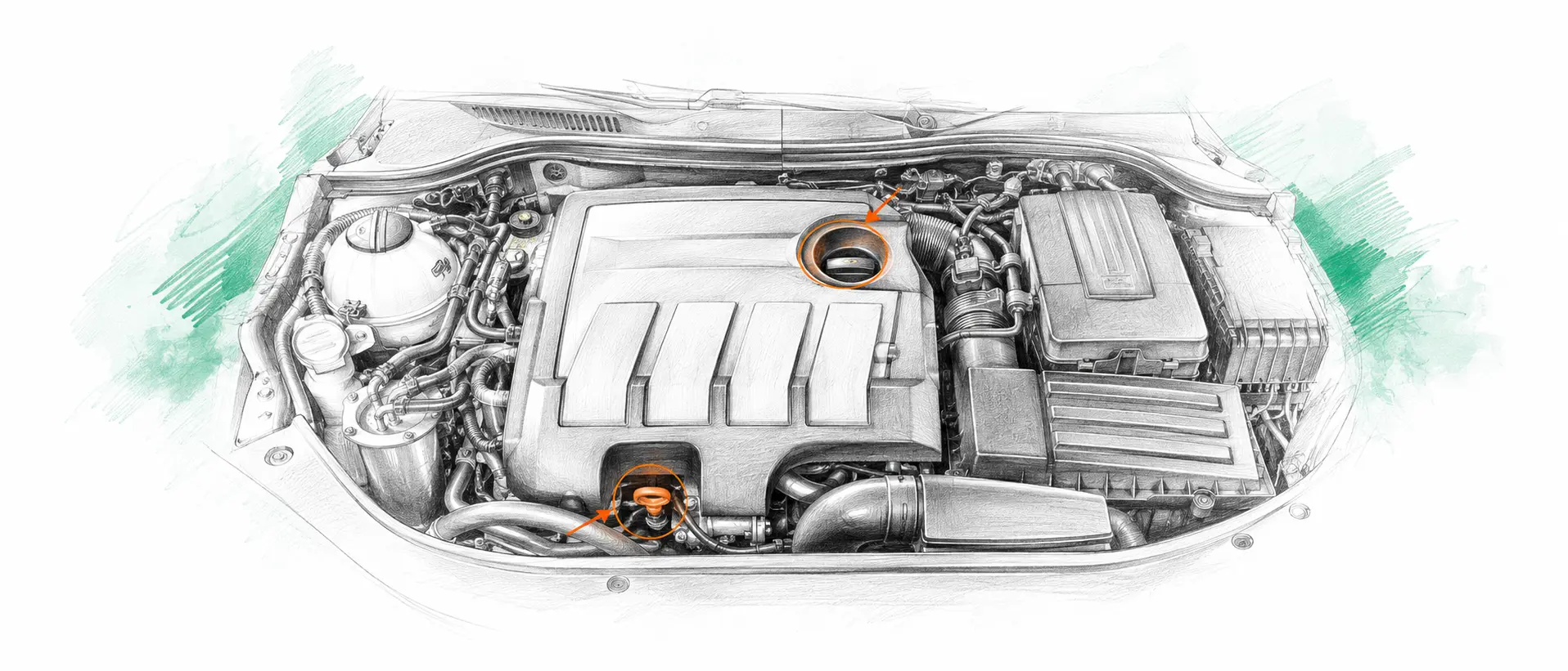 Illustration technique du moteur Volkswagen Passat B7 1.6 TDI avec jauge et bouchon de remplissage d’huile
