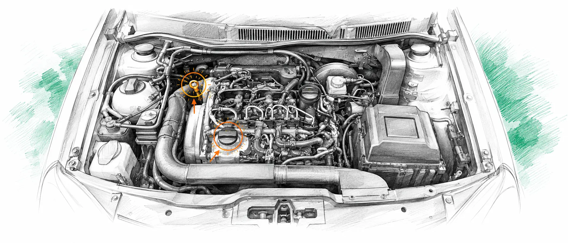 Illustration technique du moteur Volkswagen Polo 4 1.4 TDI avec jauge et bouchon de remplissage d’huile