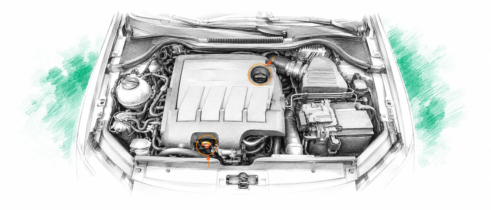 Illustration technique du moteur Volkswagen Polo 5 1.6 TDI avec jauge et bouchon de remplissage d’huile