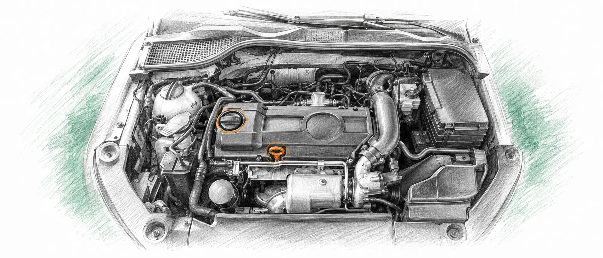 Illustration technique du moteur Volkswagen Scirocco 1.4 TSI avec jauge et bouchon de remplissage d’huile
