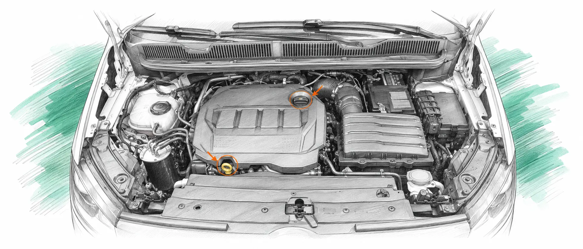 Illustration technique du moteur Volkswagen Sharan 2.0 TDI avec jauge et bouchon de remplissage d’huile